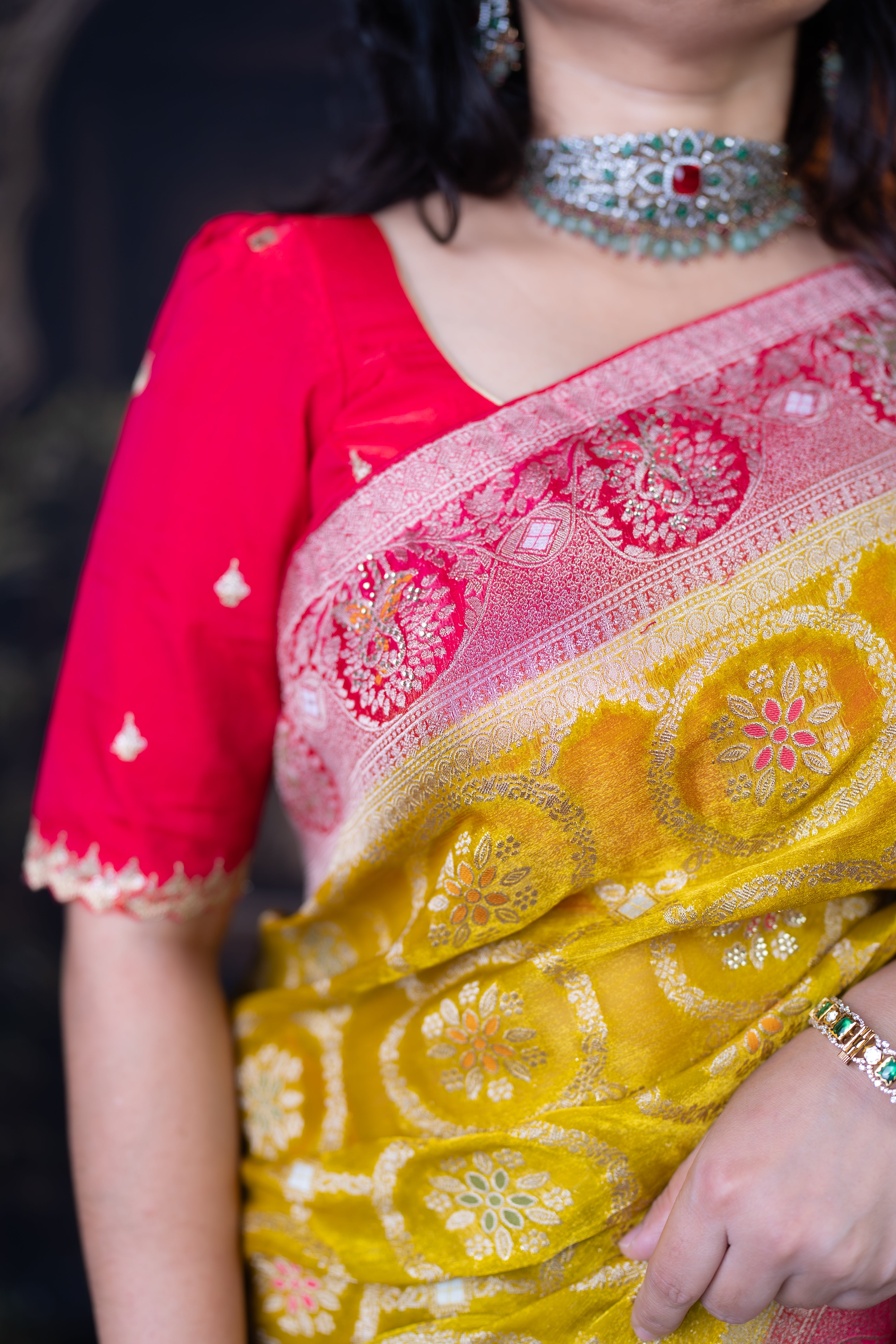 Designer Shaded Chiffon Silk Saree with Diamond work on Pallu & Border