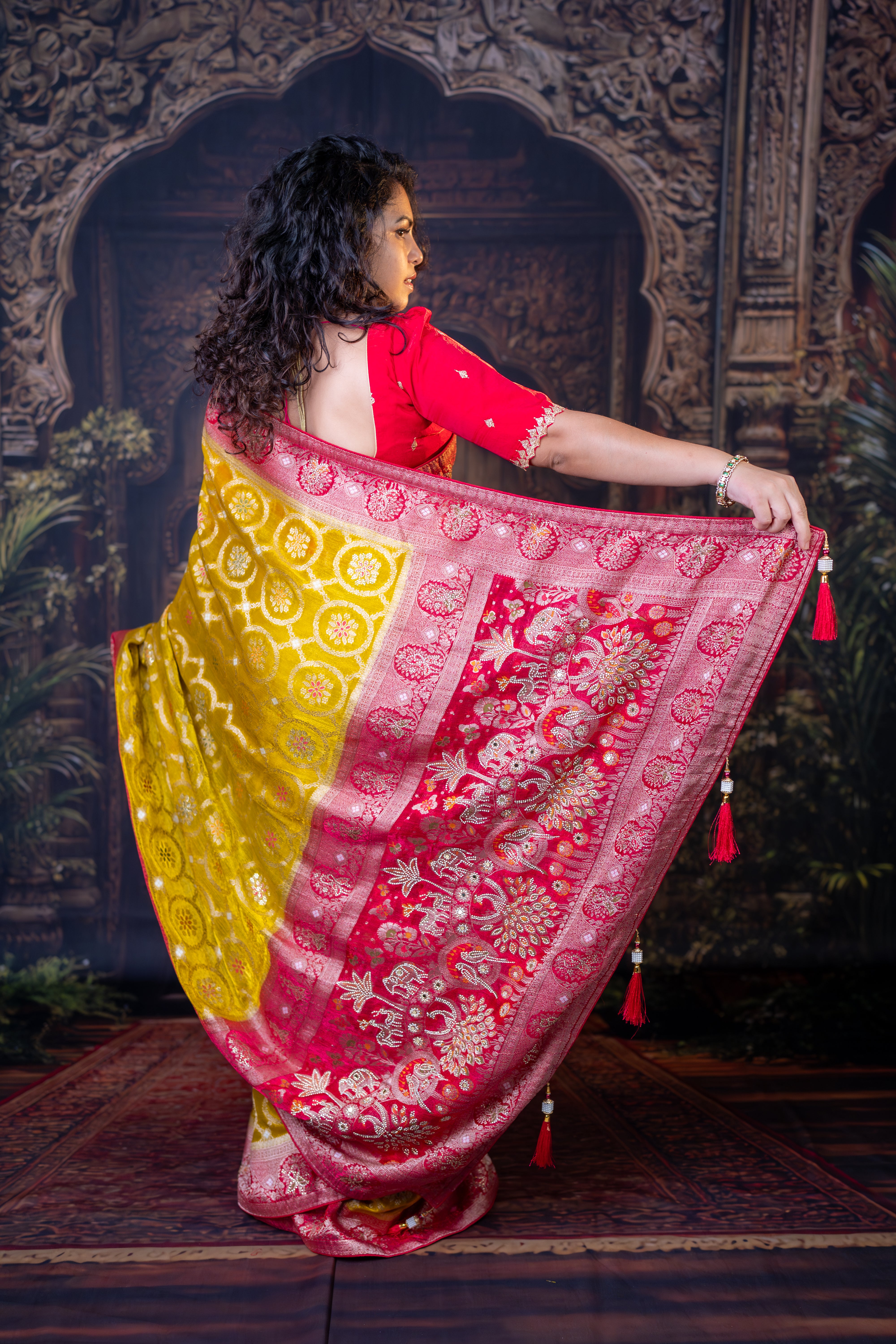 Designer Shaded Chiffon Silk Saree with Diamond work on Pallu & Border