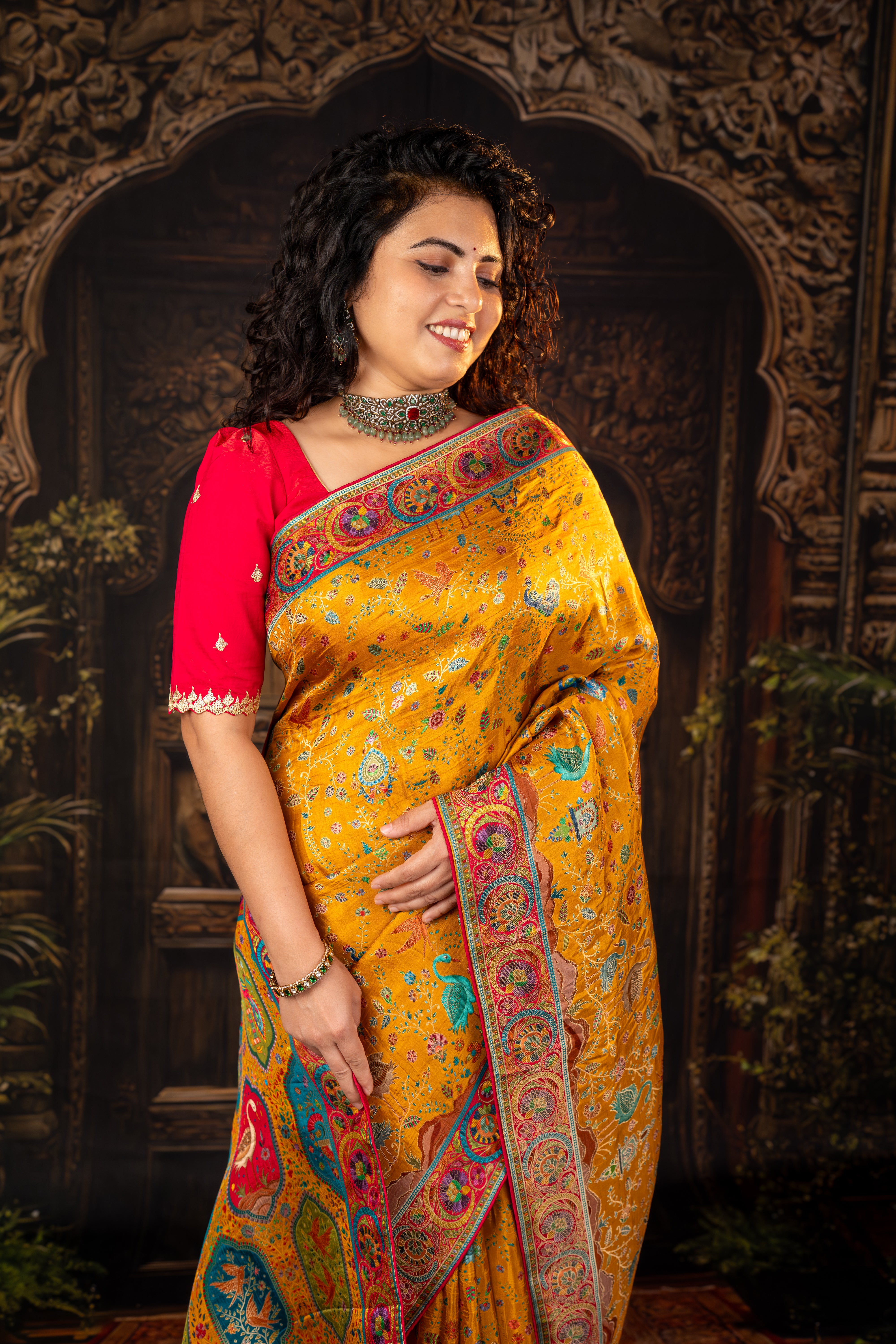 Yellow Russian Silk Viscose Saree with Position Prints
