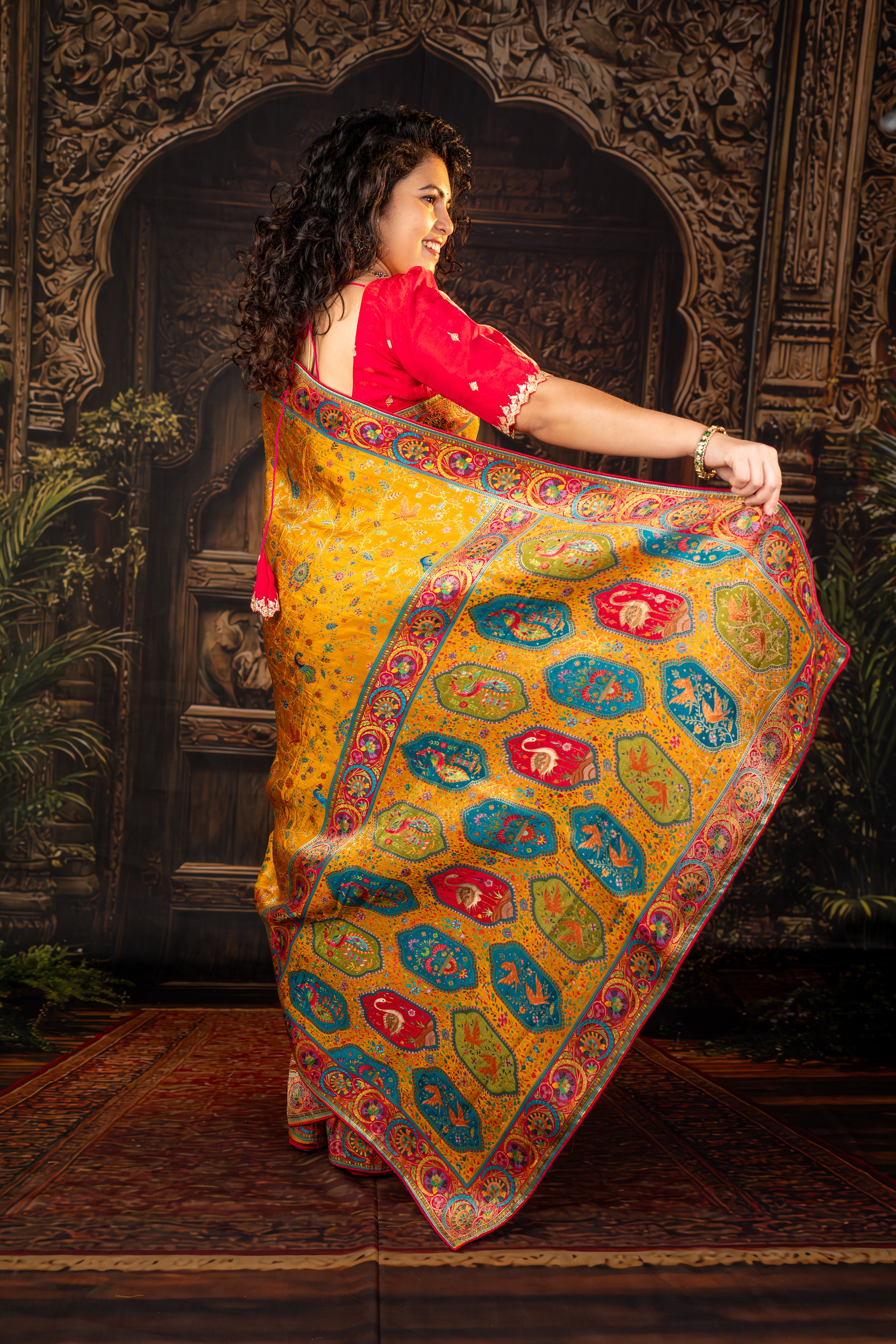 Yellow Russian Silk Viscose Saree with Position Prints