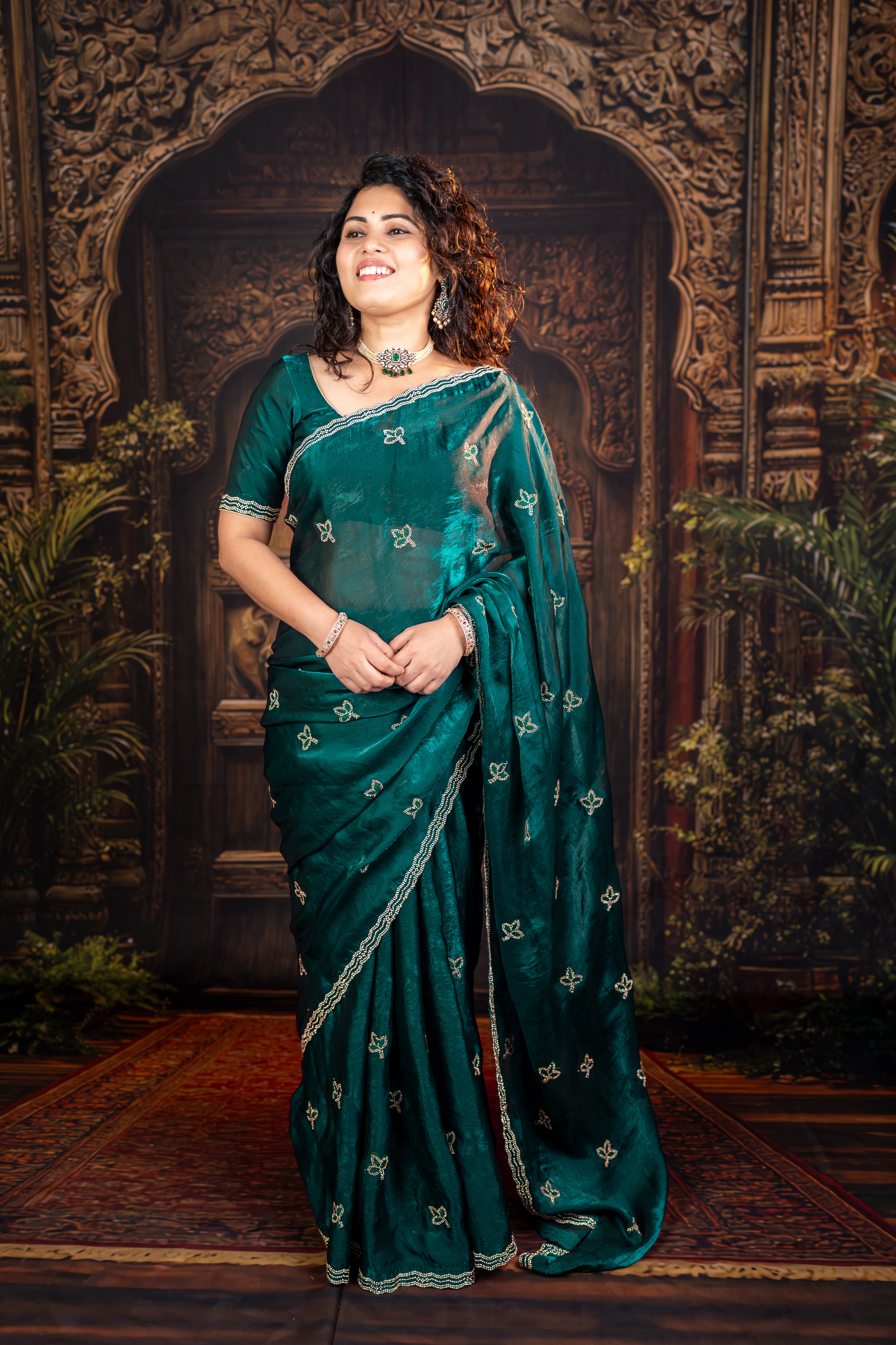 Satin Organza Saree with Resham & Glass Diamond Work