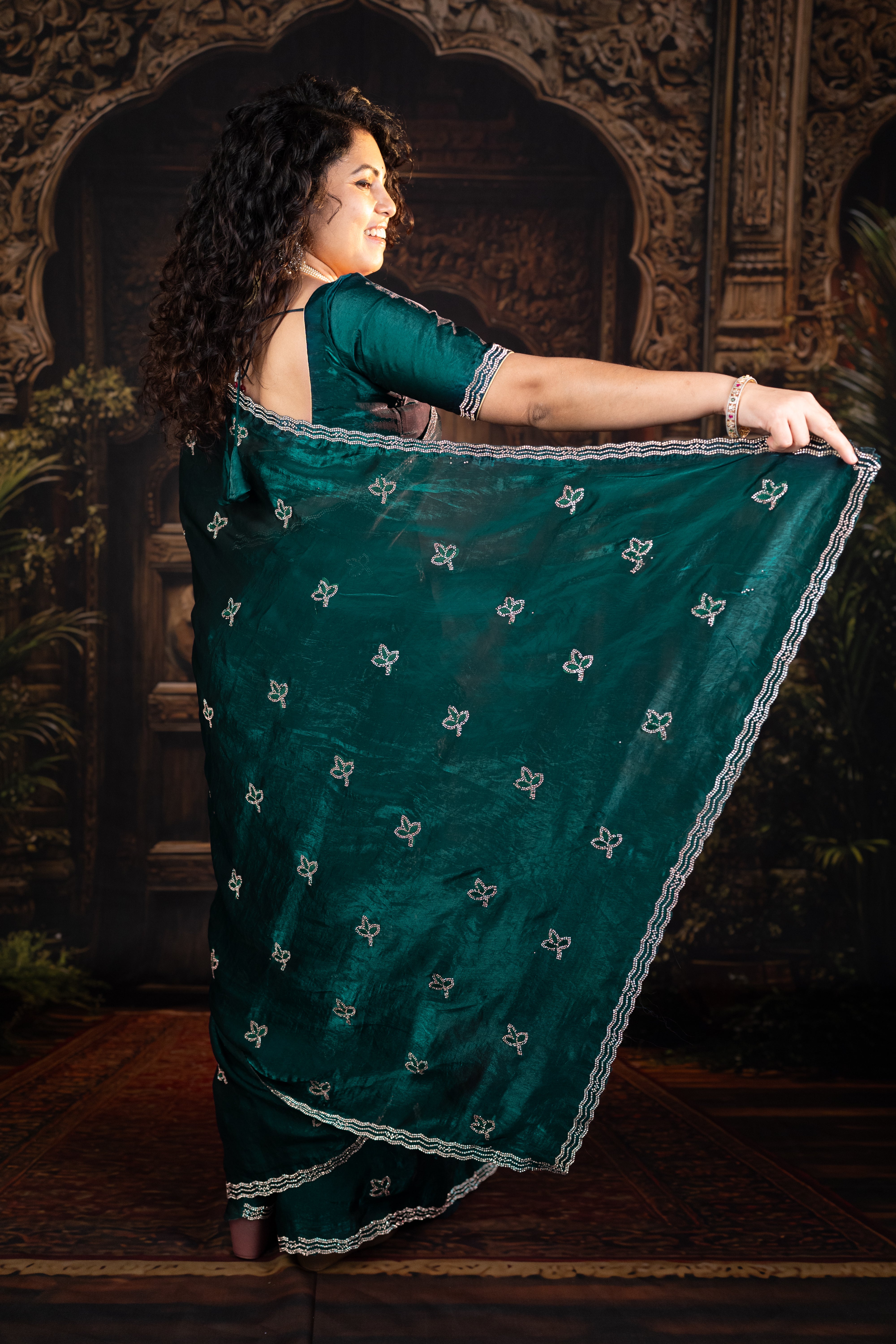 Satin Organza Saree with Resham & Glass Diamond Work