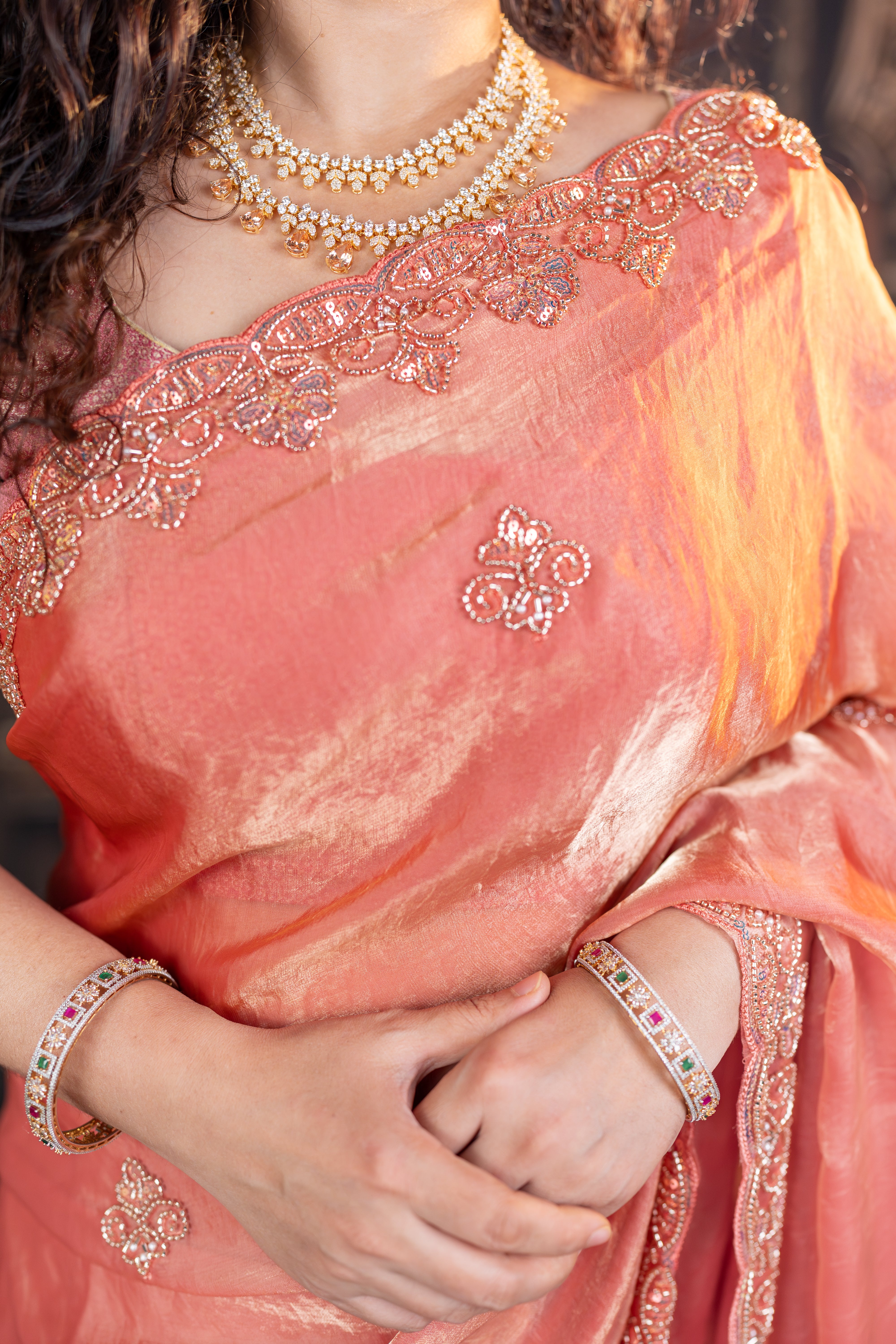 Premium Satin Organza Saree with Hand Beads Work