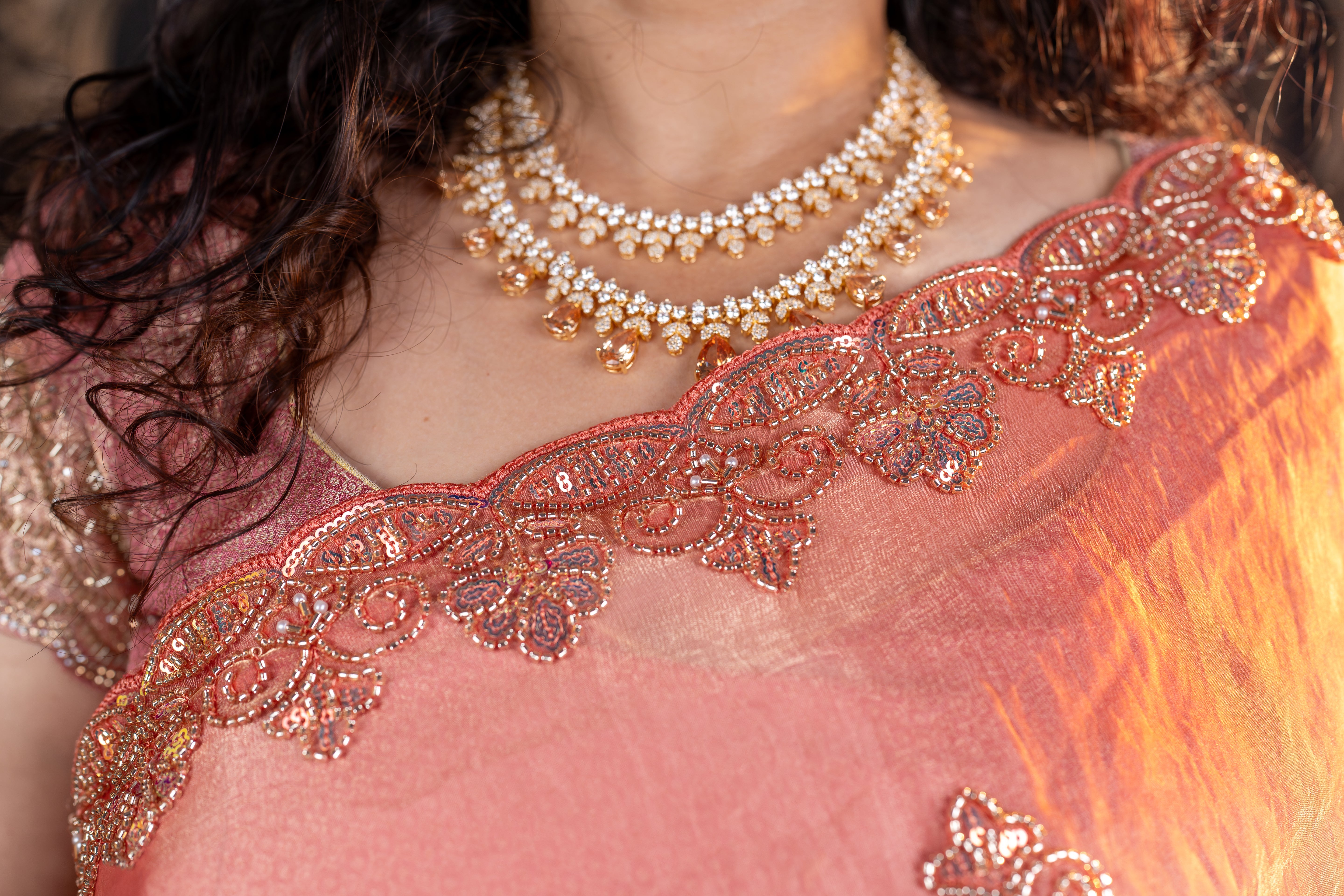 Premium Satin Organza Saree with Hand Beads Work