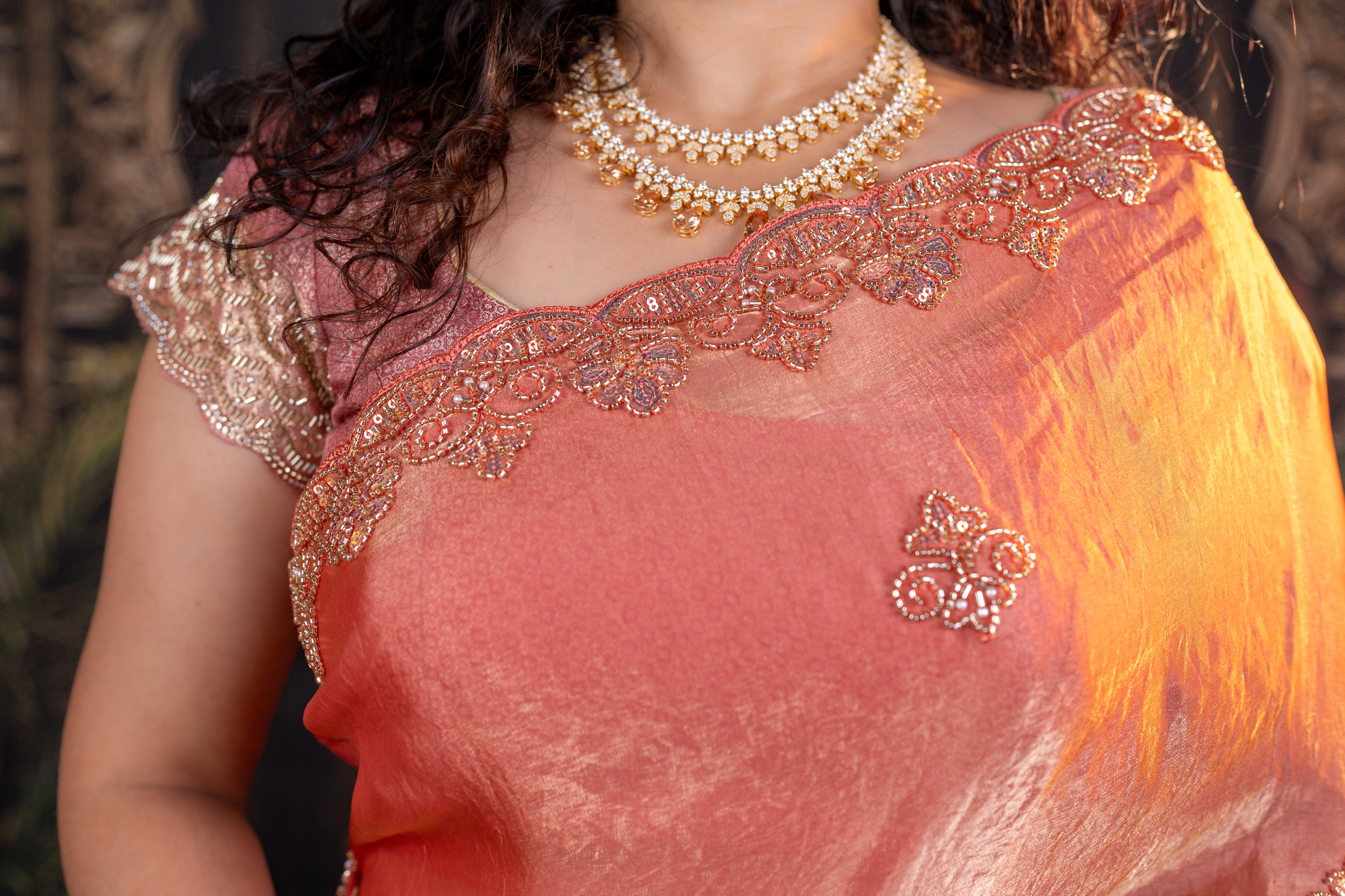 Premium Satin Organza Saree with Hand Beads Work