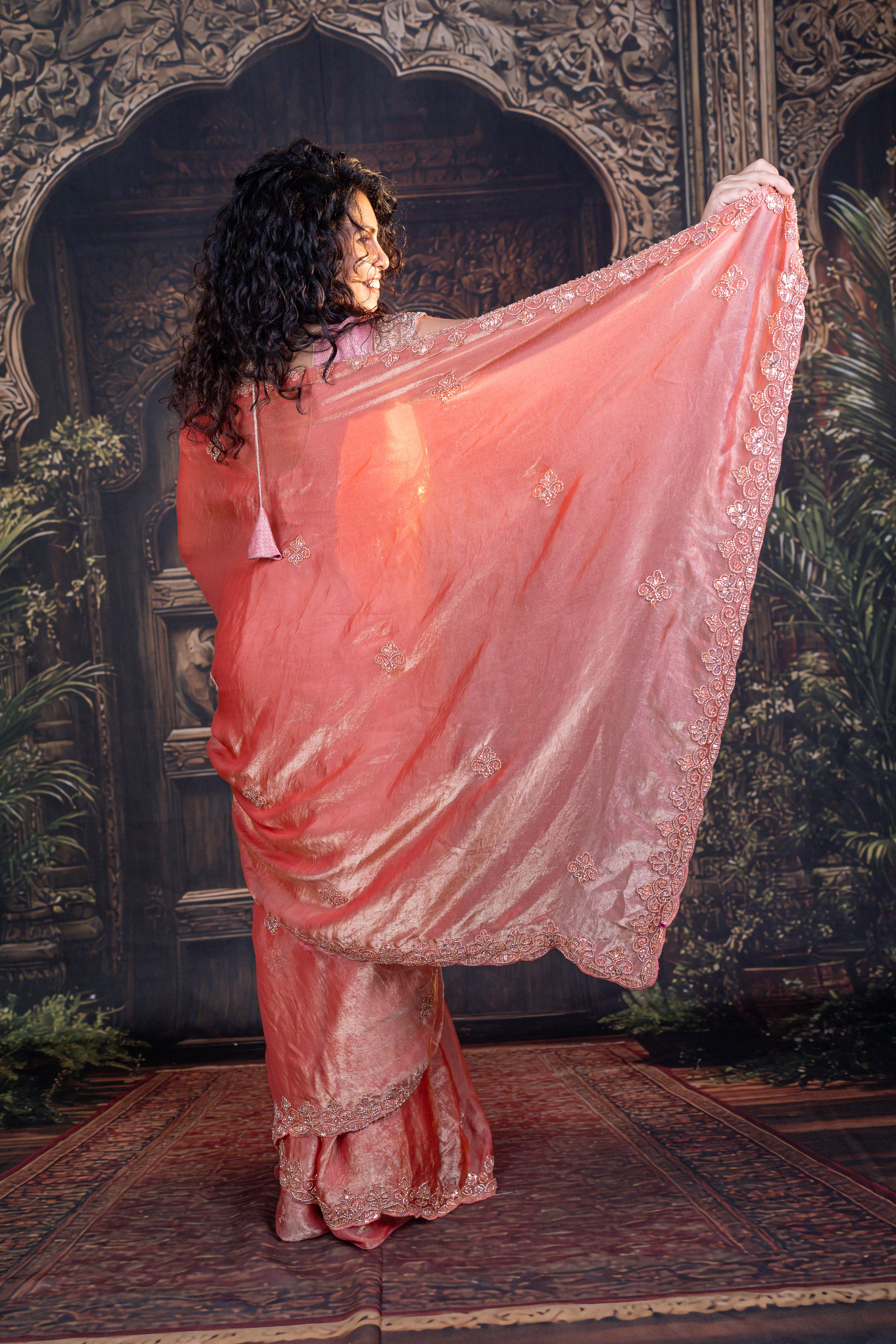 Premium Satin Organza Saree with Hand Beads Work