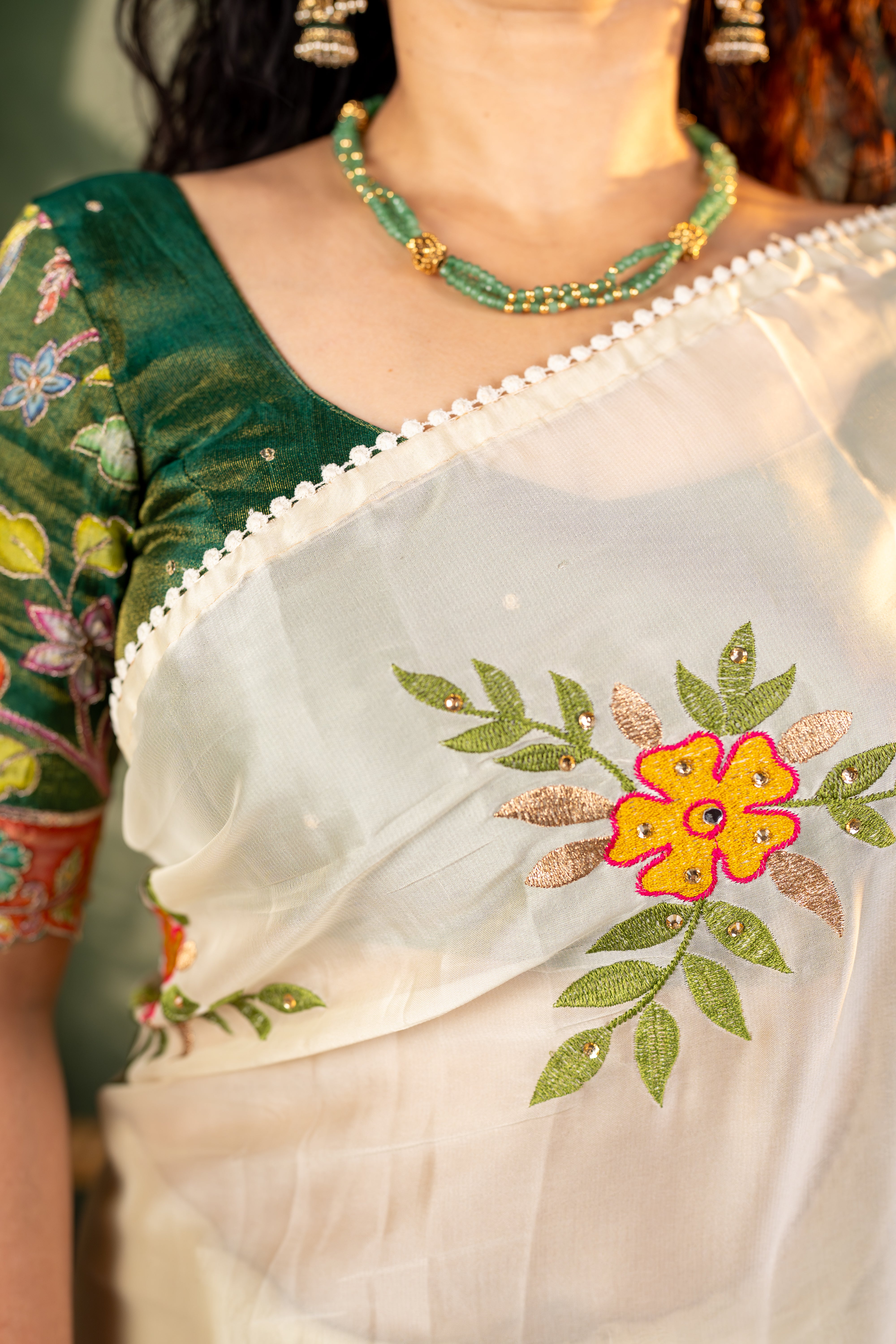 Soft Silk Saree with Floral Embroidery Work