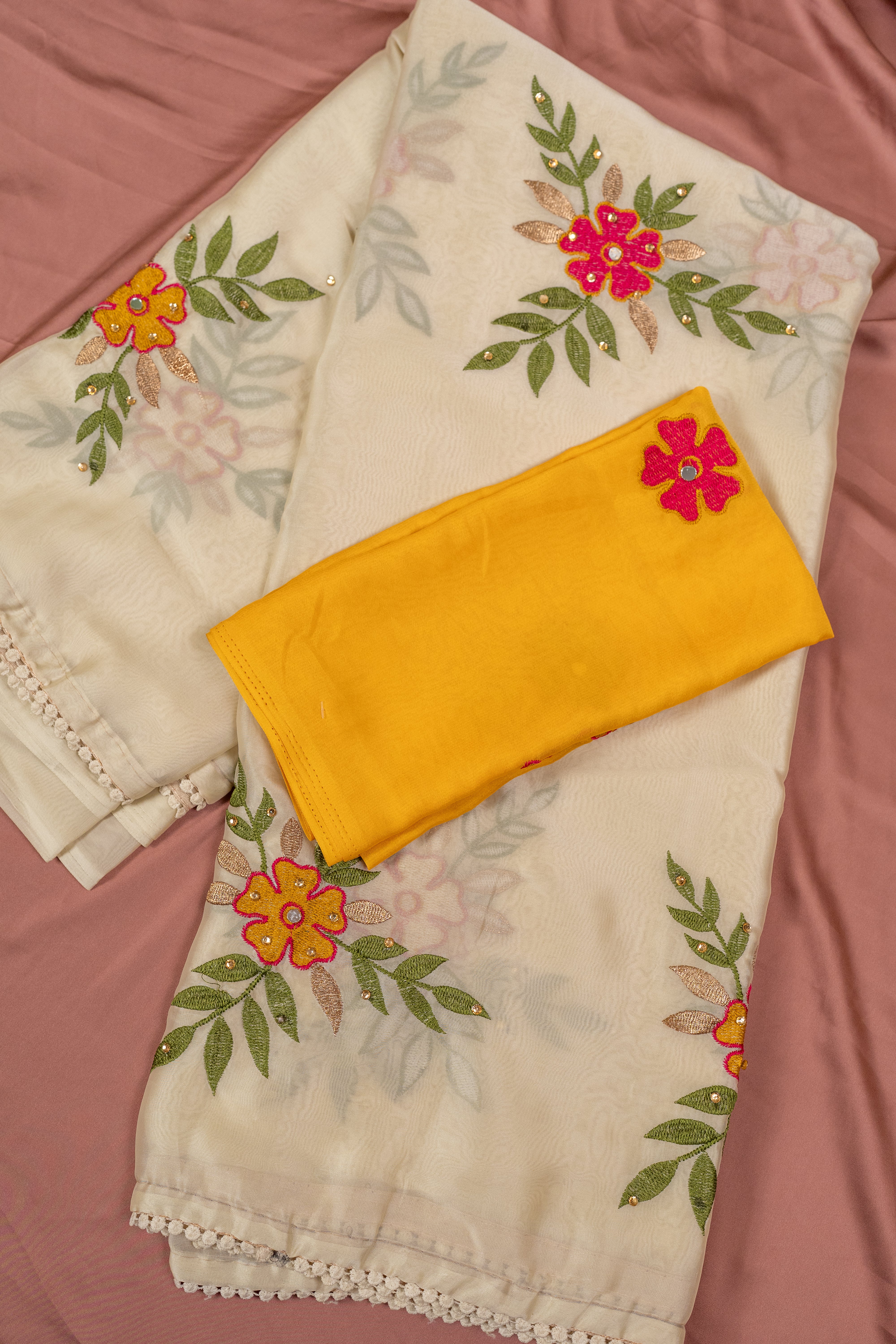 Soft Silk Saree with Floral Embroidery Work