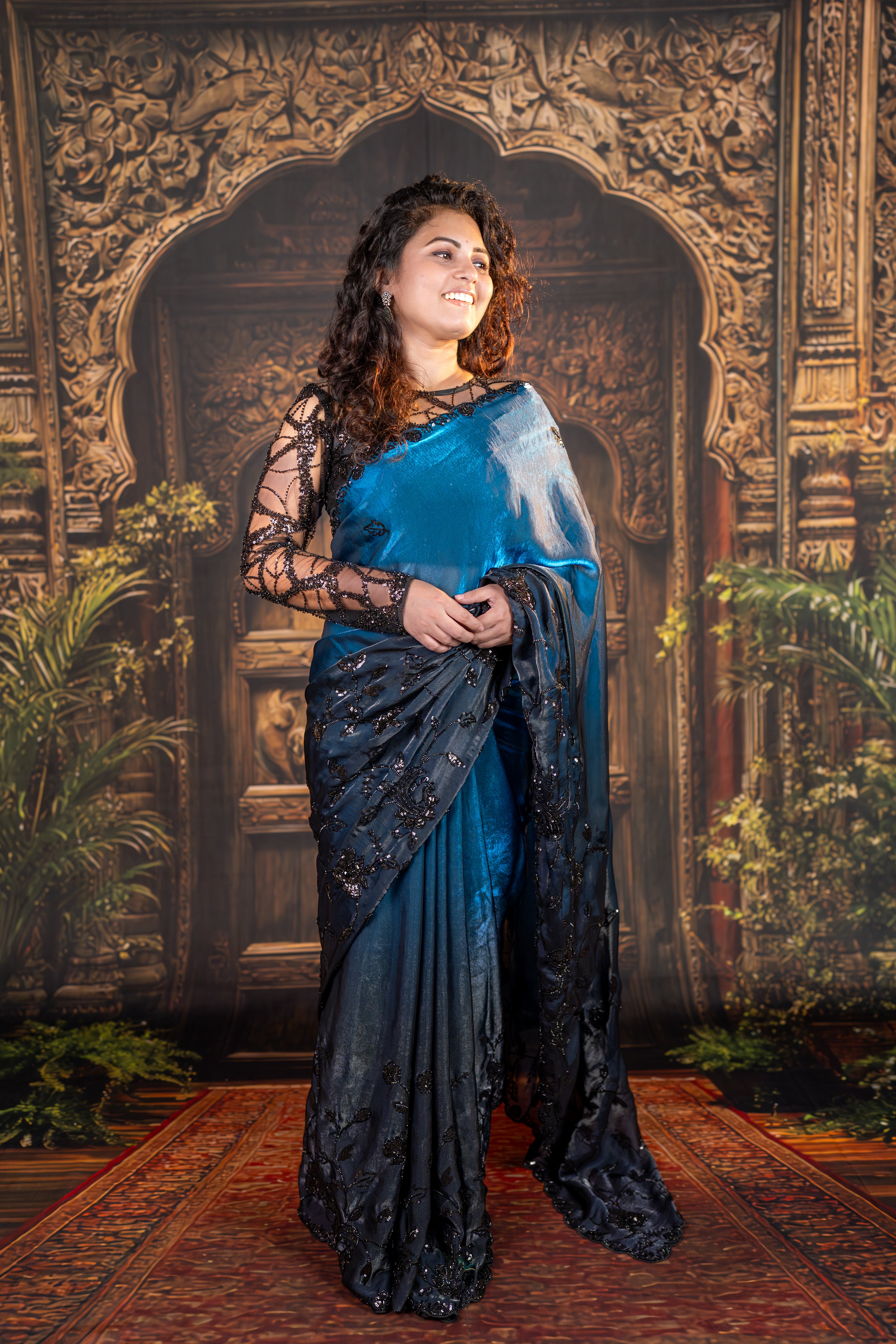 Midnight Blue Satin Organza Designer Saree