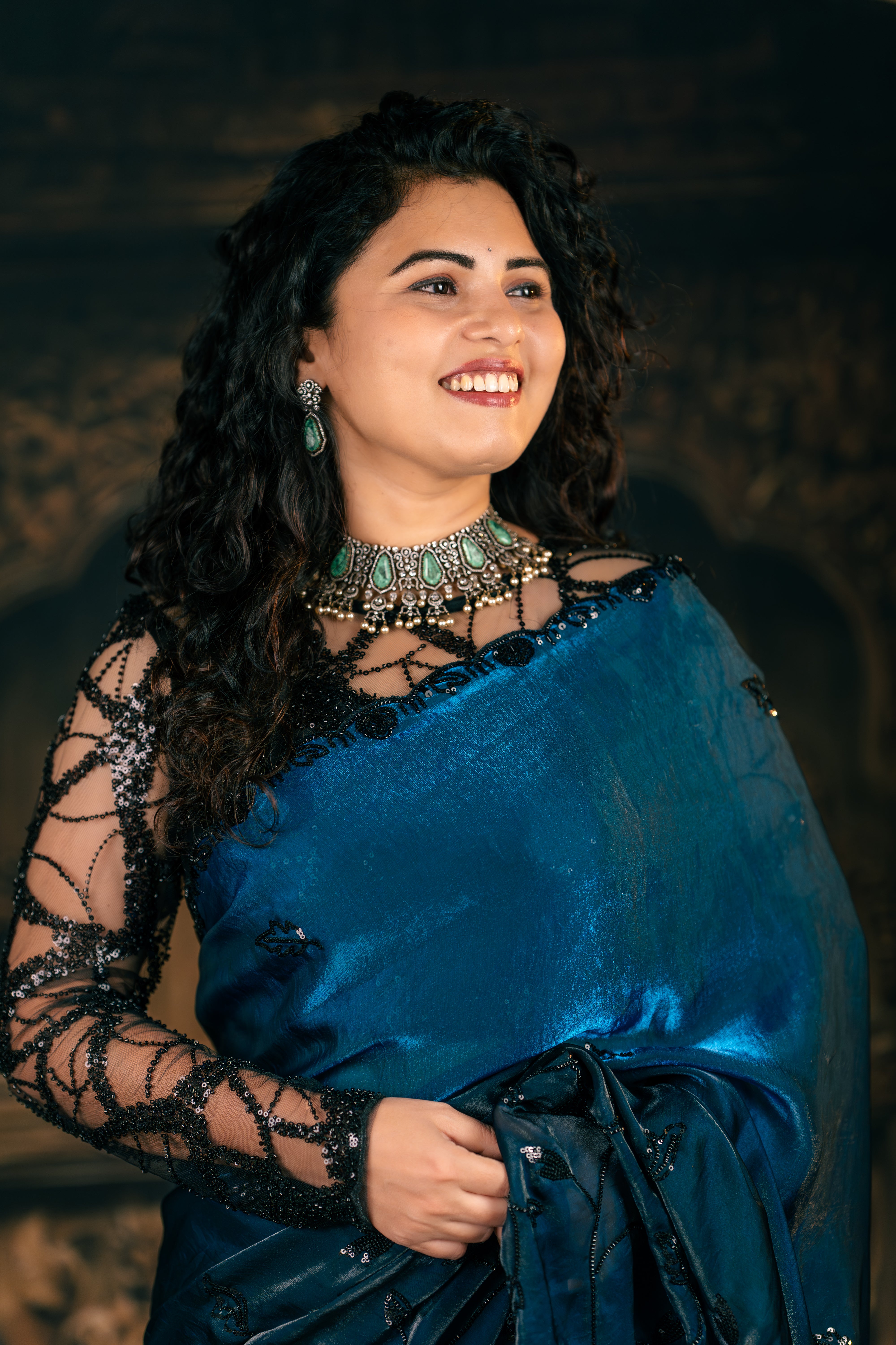Midnight Blue Satin Organza Designer Saree