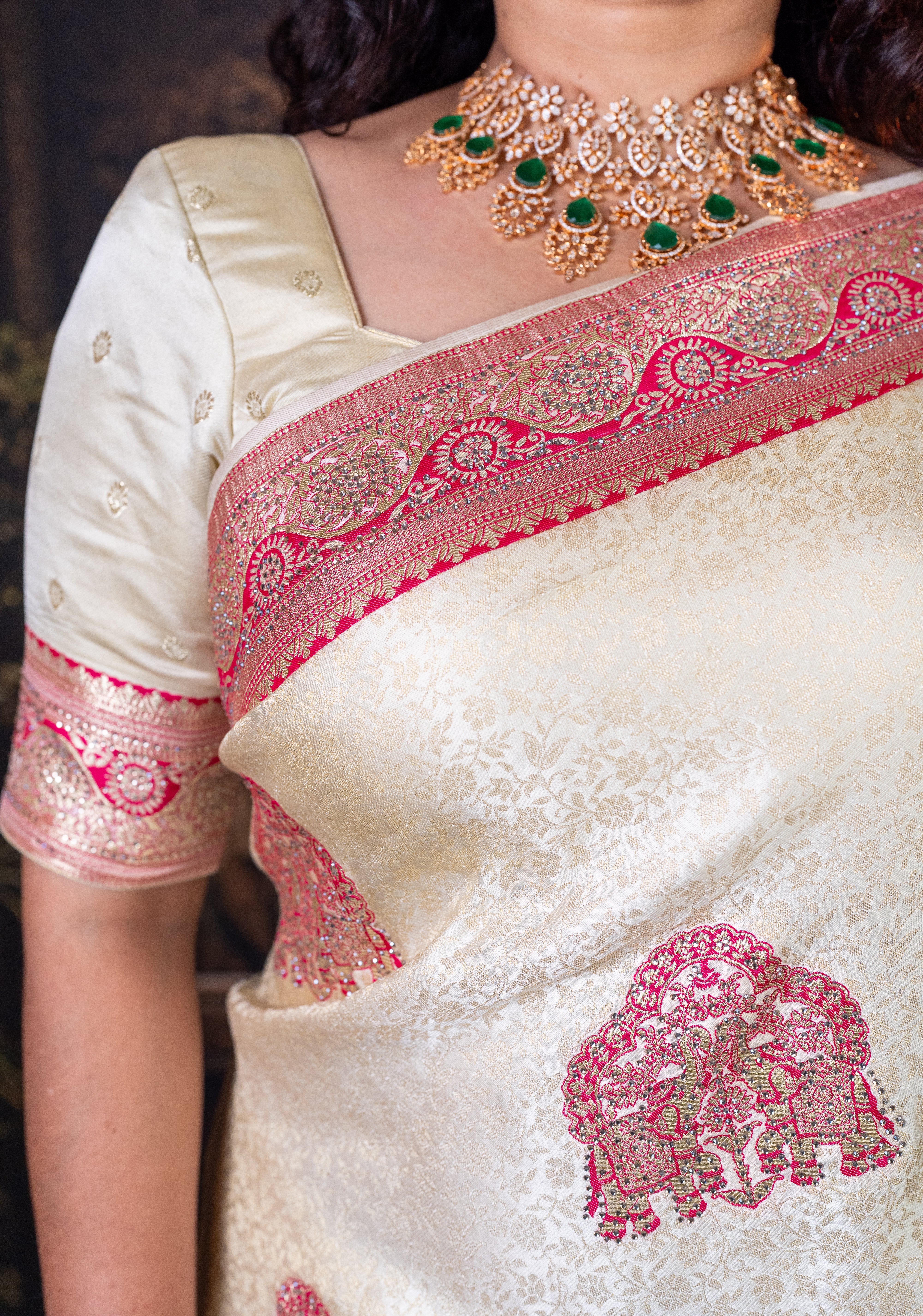 Ivory Gold Saree with Heavy Zari Pallu & Ethnic Butta Design