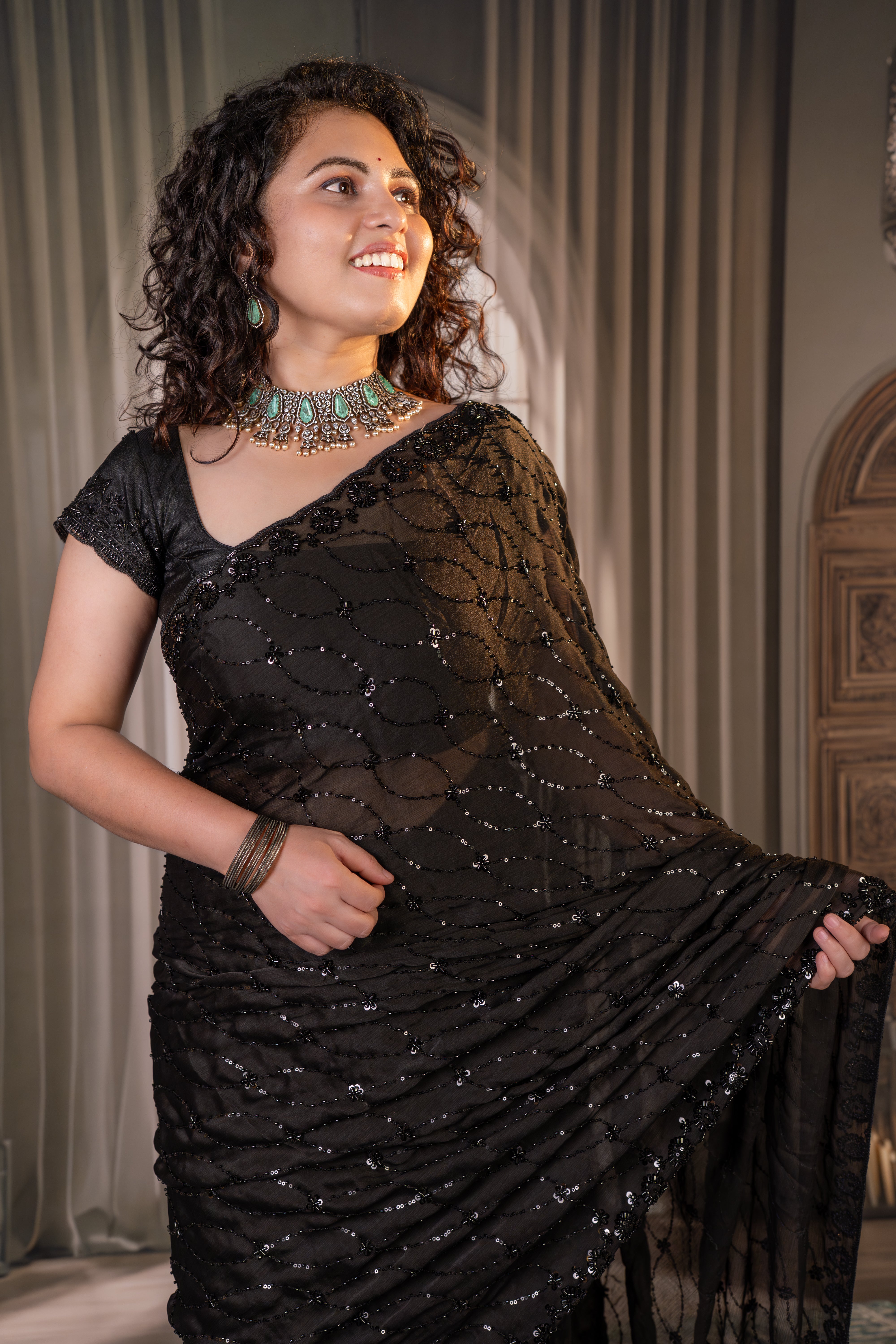 Black Beauty – Satin Chiffon Designer Saree