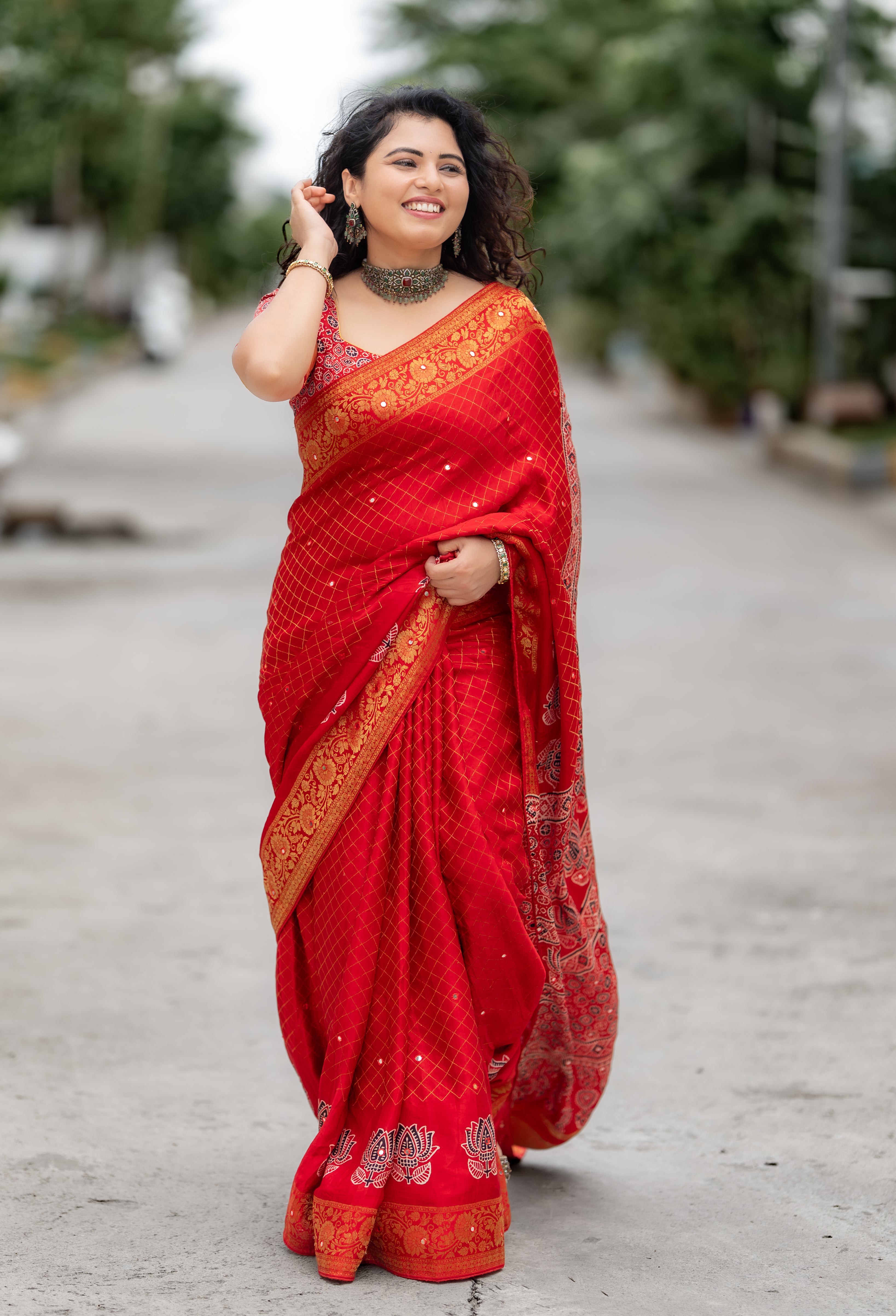 Ruby Ajrak – Pure Modal Satin Silk Saree