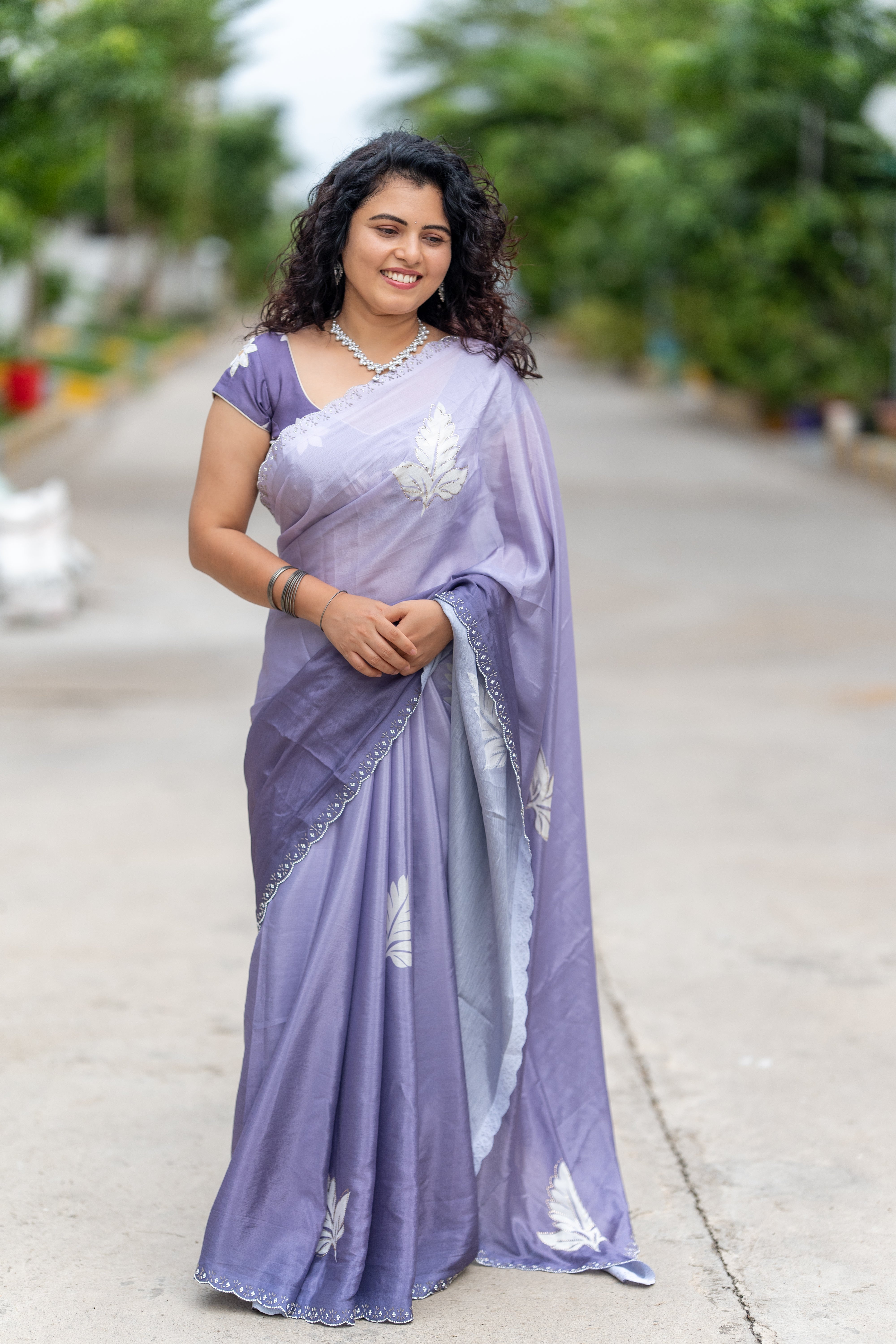 Lavender Mist – Printed Chinon Saree with Hand Tube & Diamond Work