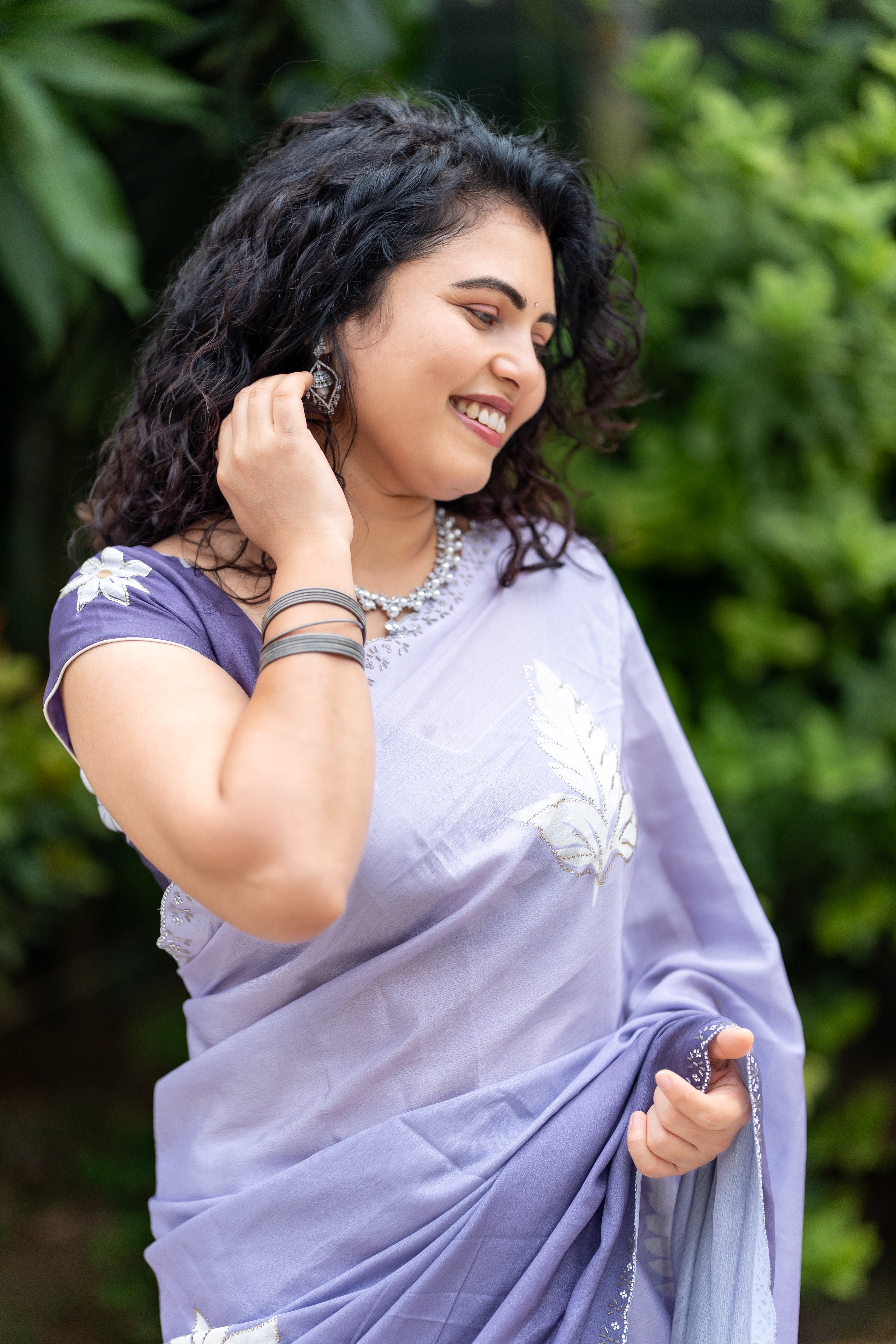 Lavender Mist – Printed Chinon Saree with Hand Tube & Diamond Work