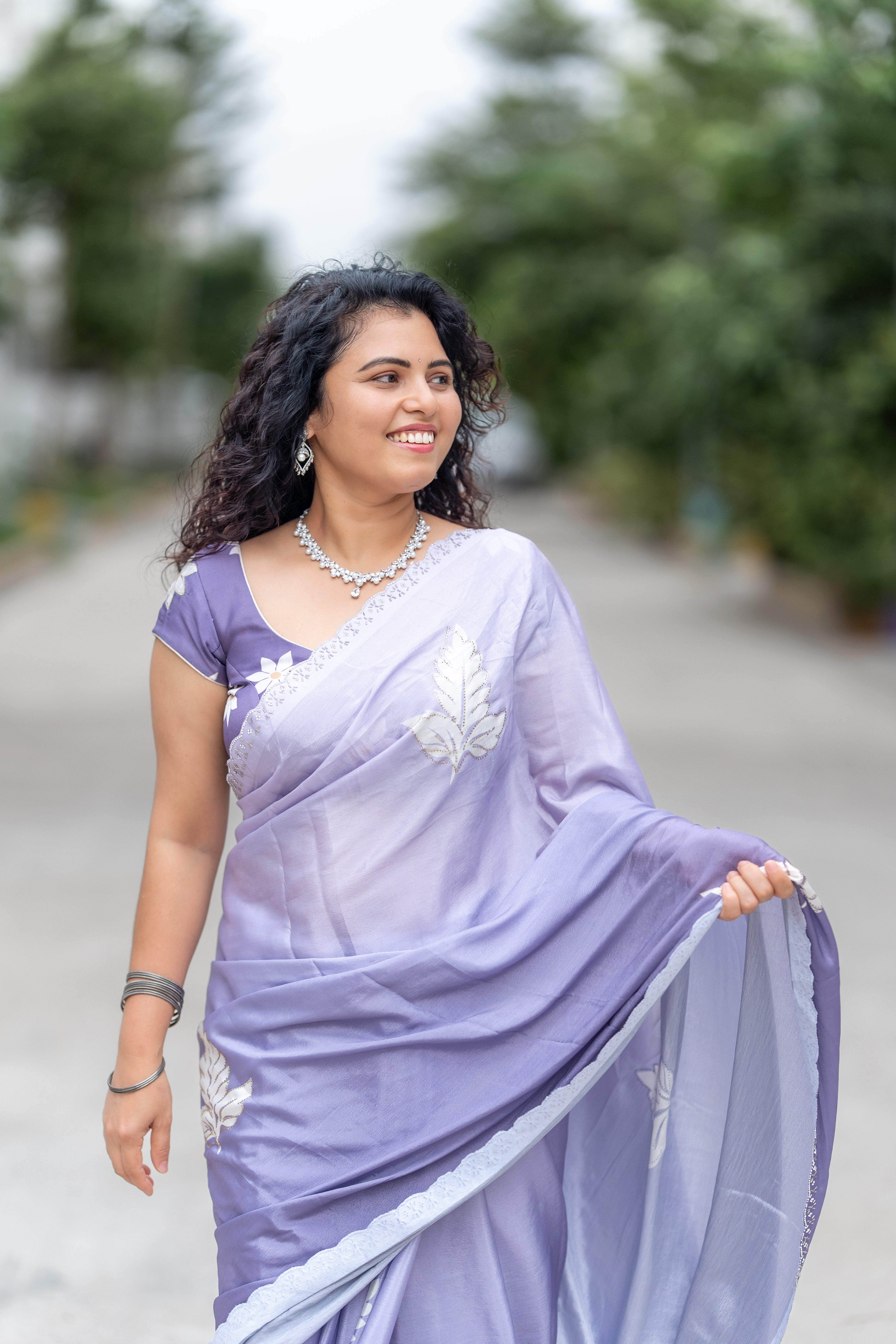 Lavender Mist – Printed Chinon Saree with Hand Tube & Diamond Work