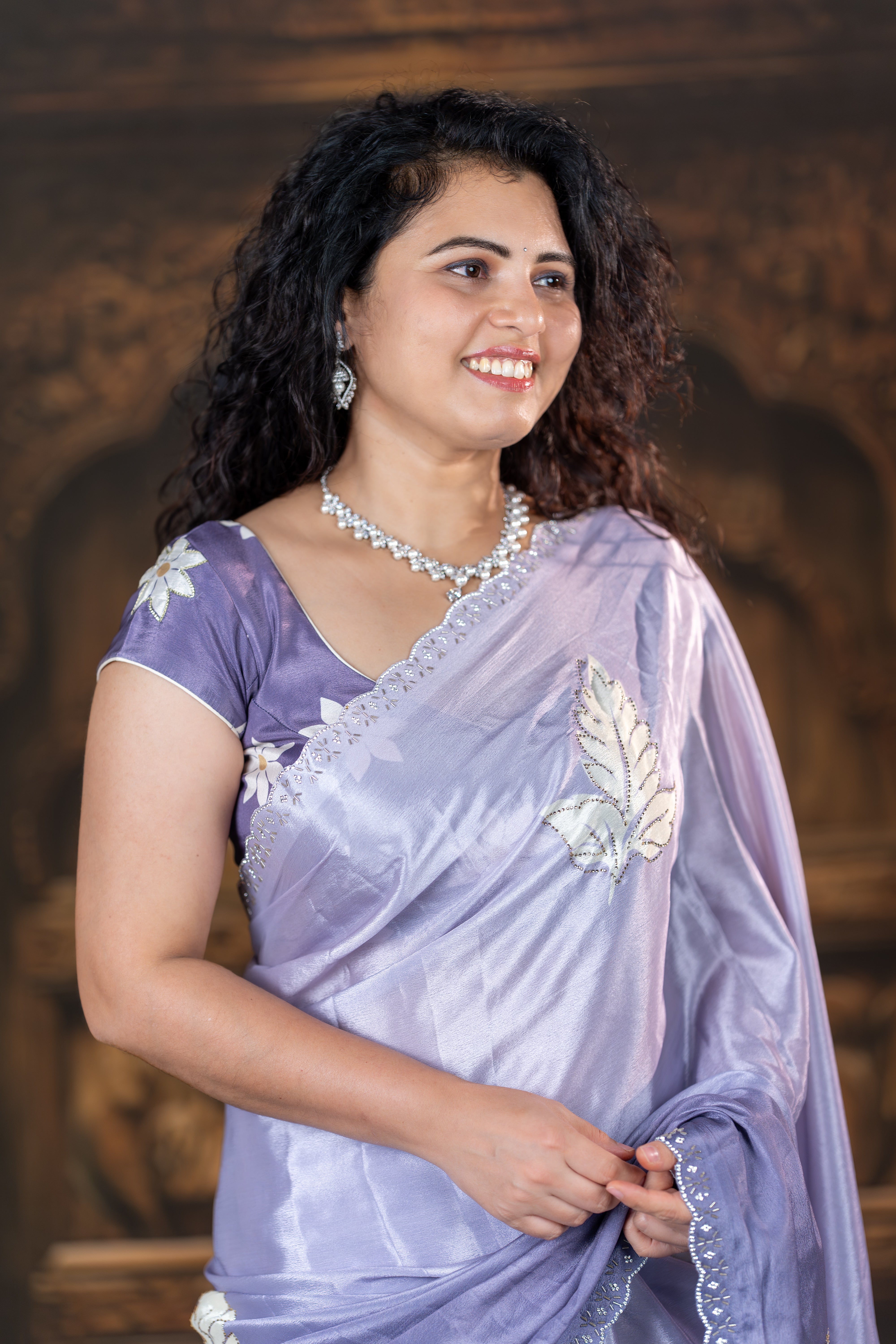 Lavender Mist – Printed Chinon Saree with Hand Tube & Diamond Work