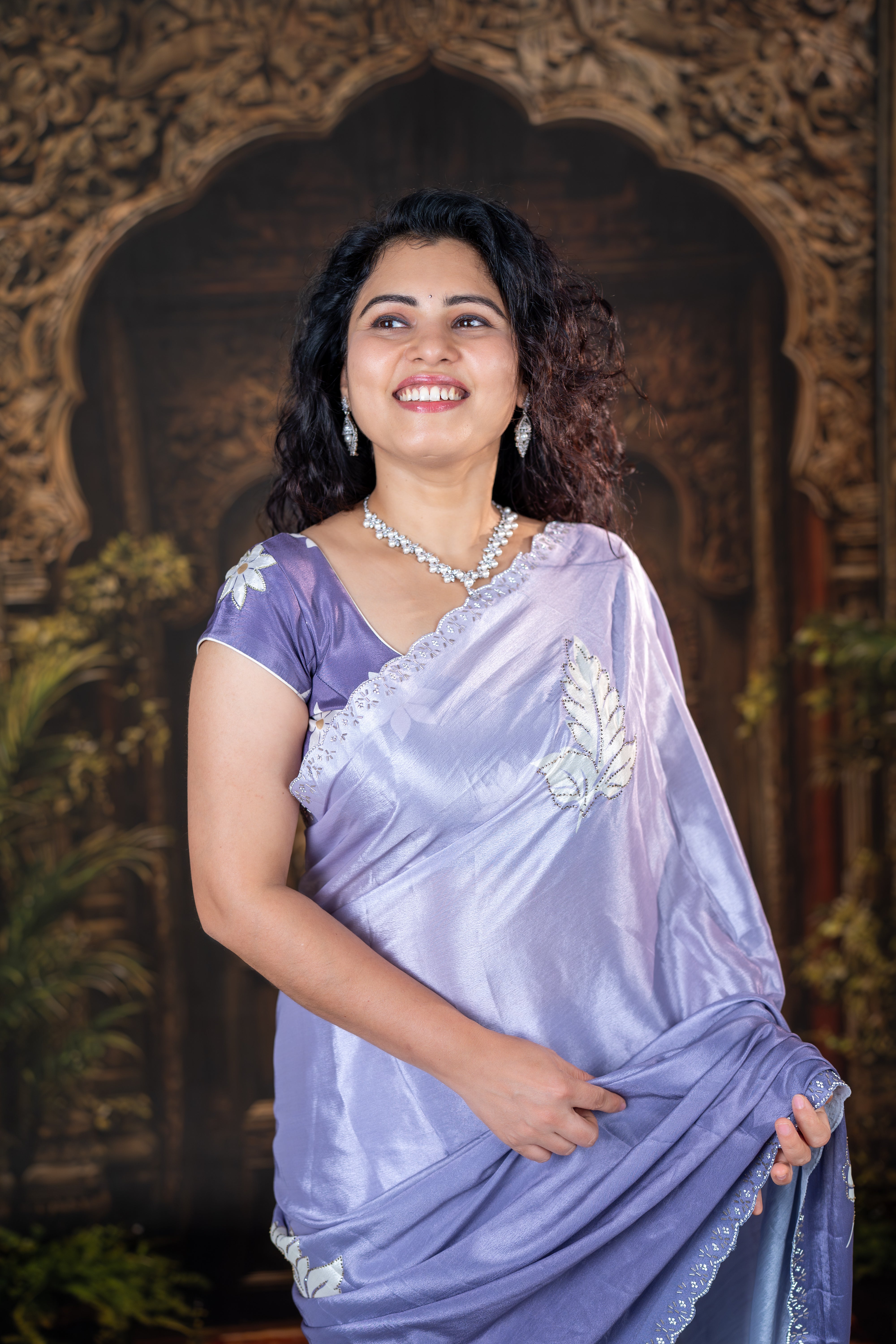 Lavender Mist – Printed Chinon Saree with Hand Tube & Diamond Work