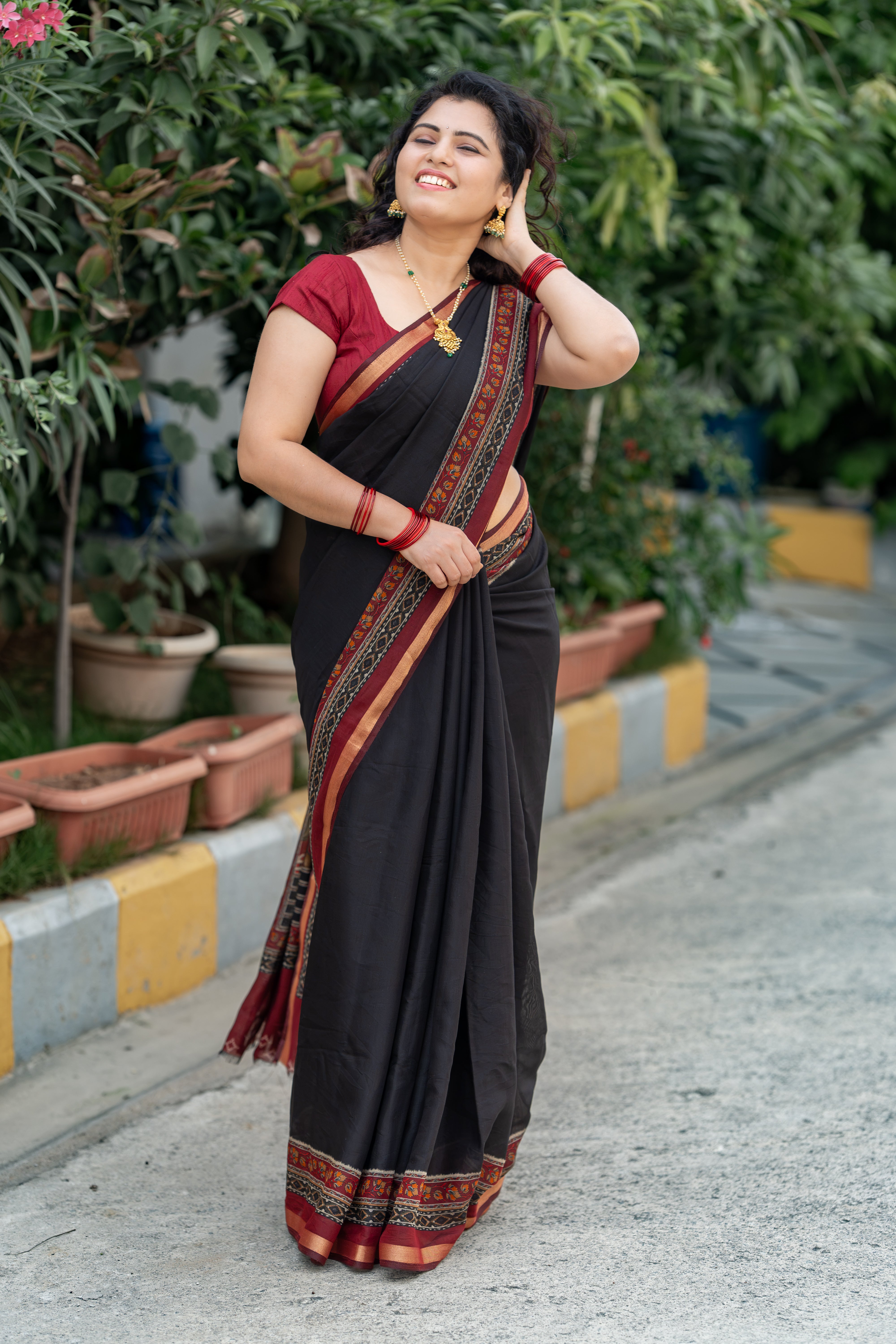 Mersried Mull Hand Block Saree- BLACK