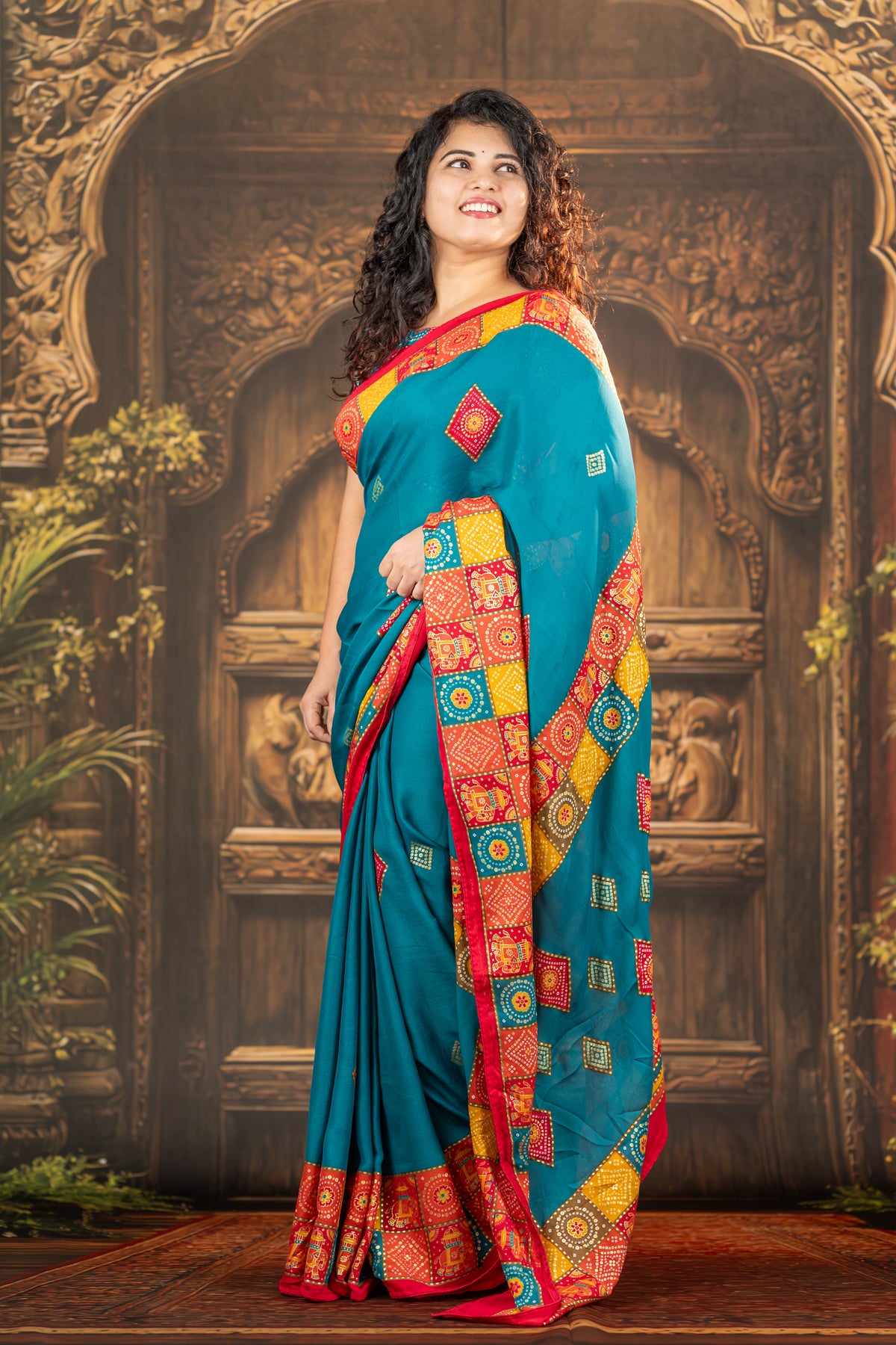 Teal Bandhani-Inspired Printed Silk Saree
