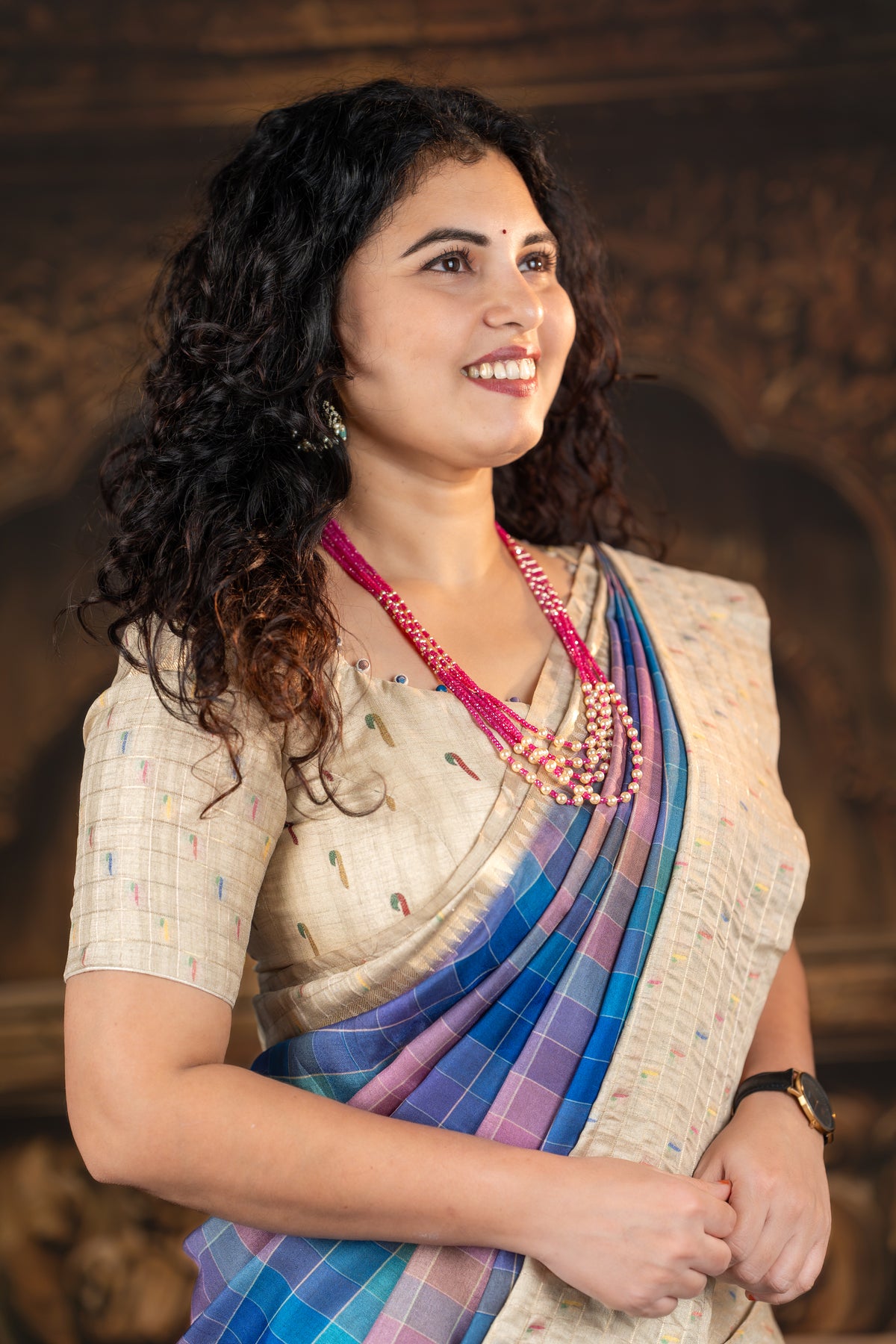Semi Mysore Silk Saree – Multicolor Checks with Zari Border