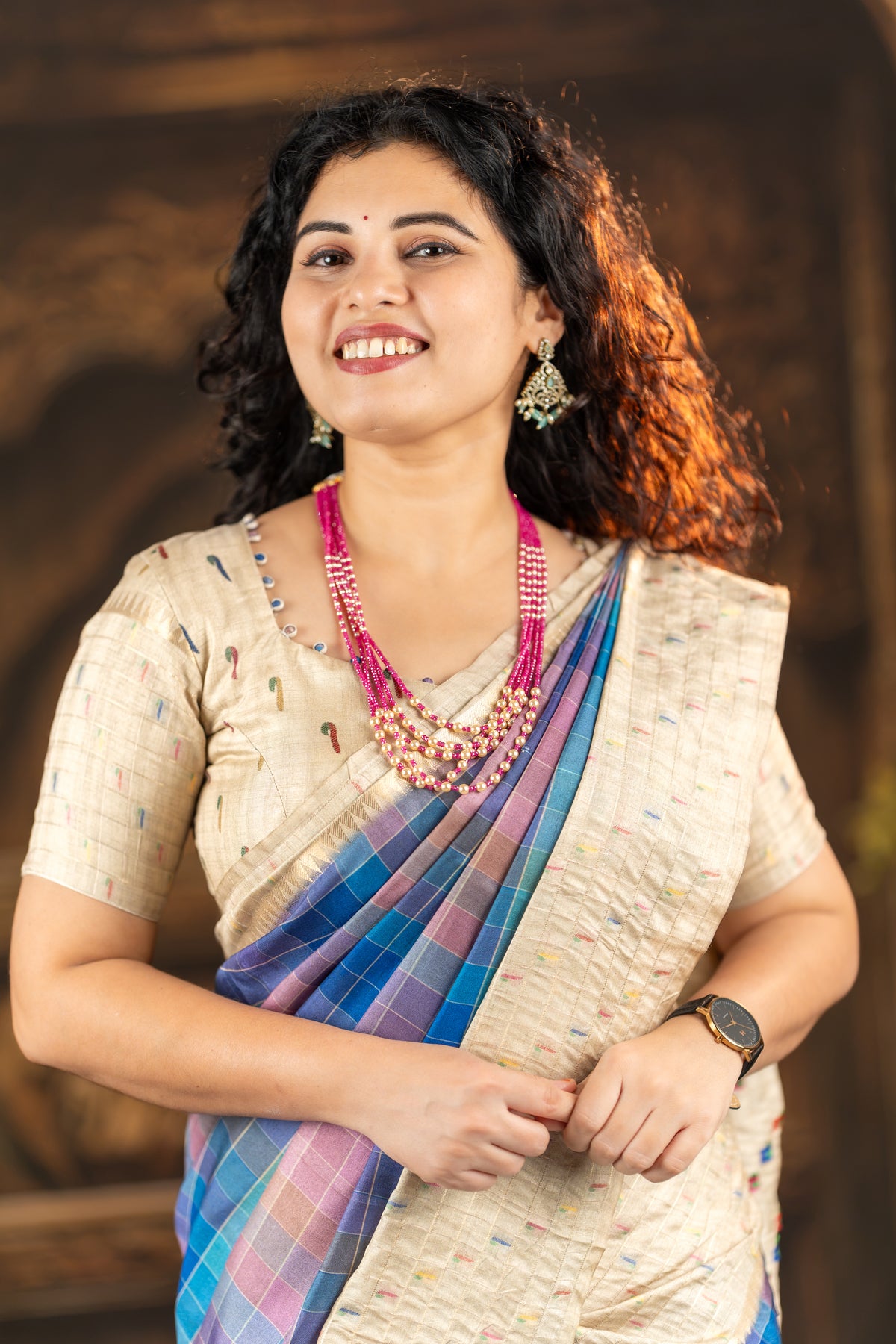 Semi Mysore Silk Saree – Multicolor Checks with Zari Border