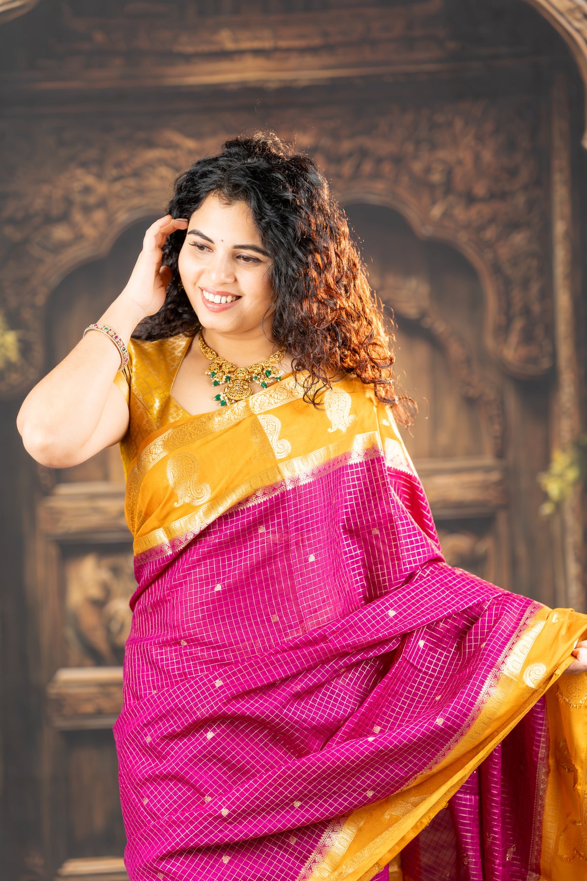 Royal Magenta & Mustard Semi Mysore Silk Saree