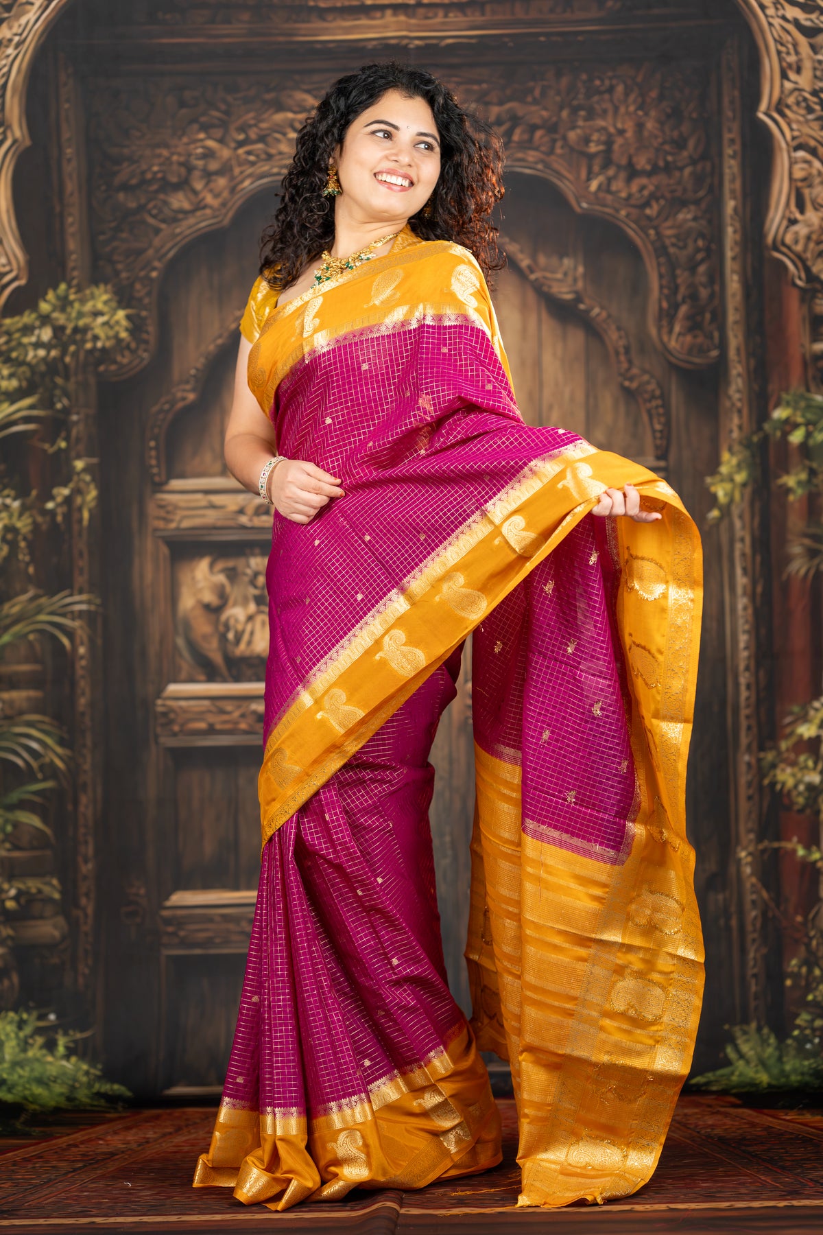 Royal Magenta & Mustard Semi Mysore Silk Saree
