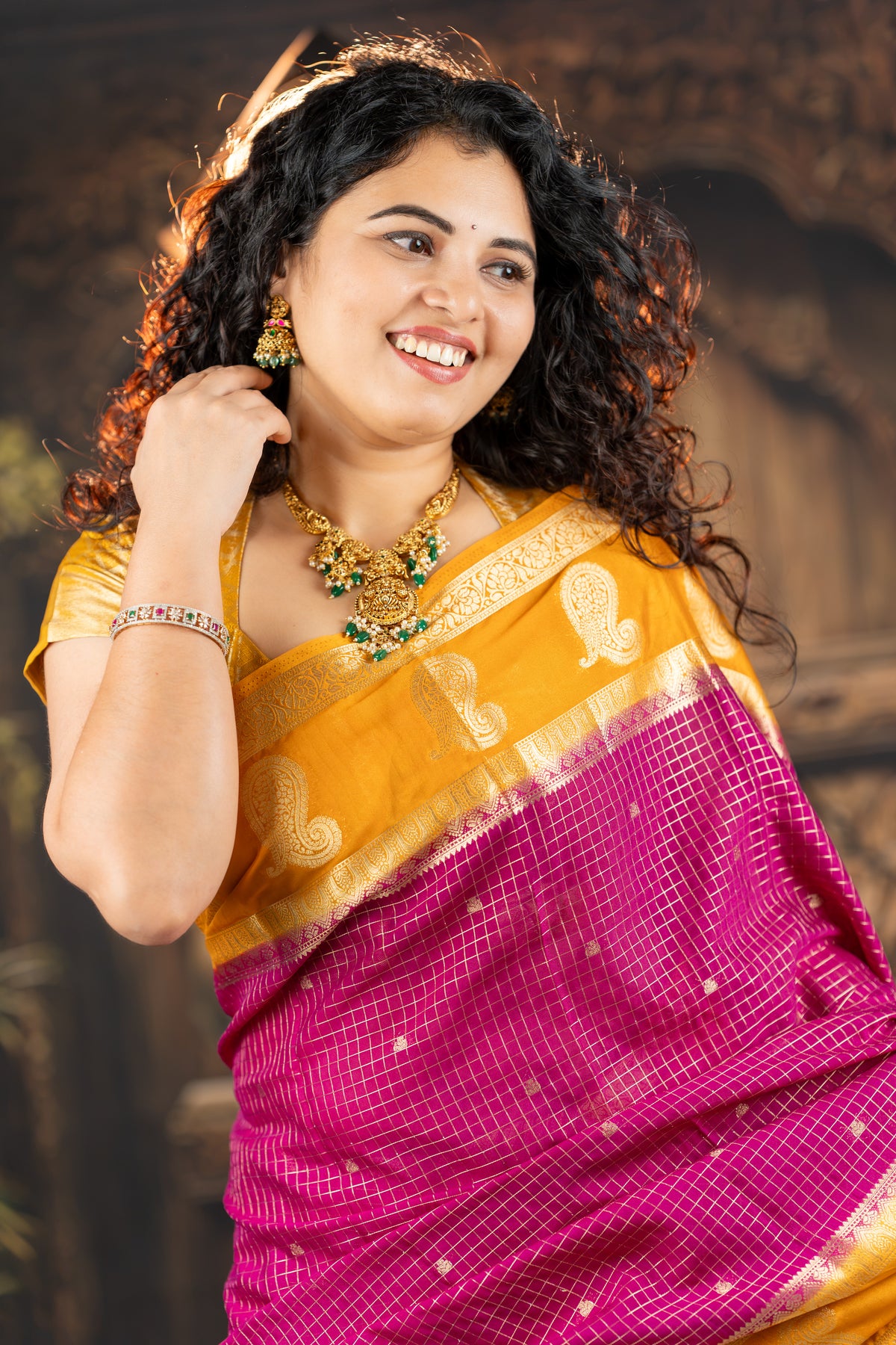 Royal Magenta & Mustard Semi Mysore Silk Saree