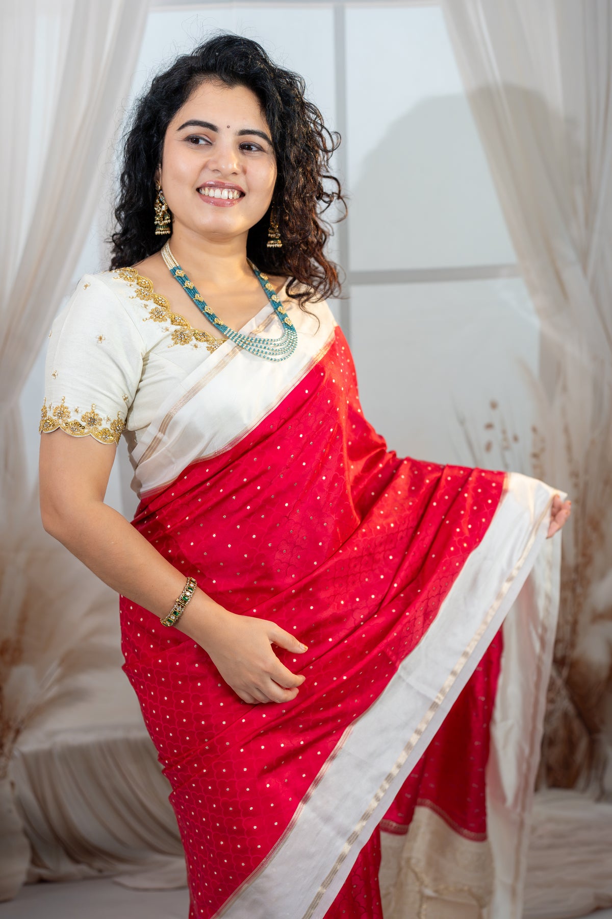 Ruby Red Semi Mysore Silk Saree – Elegant Contrast Zari Border