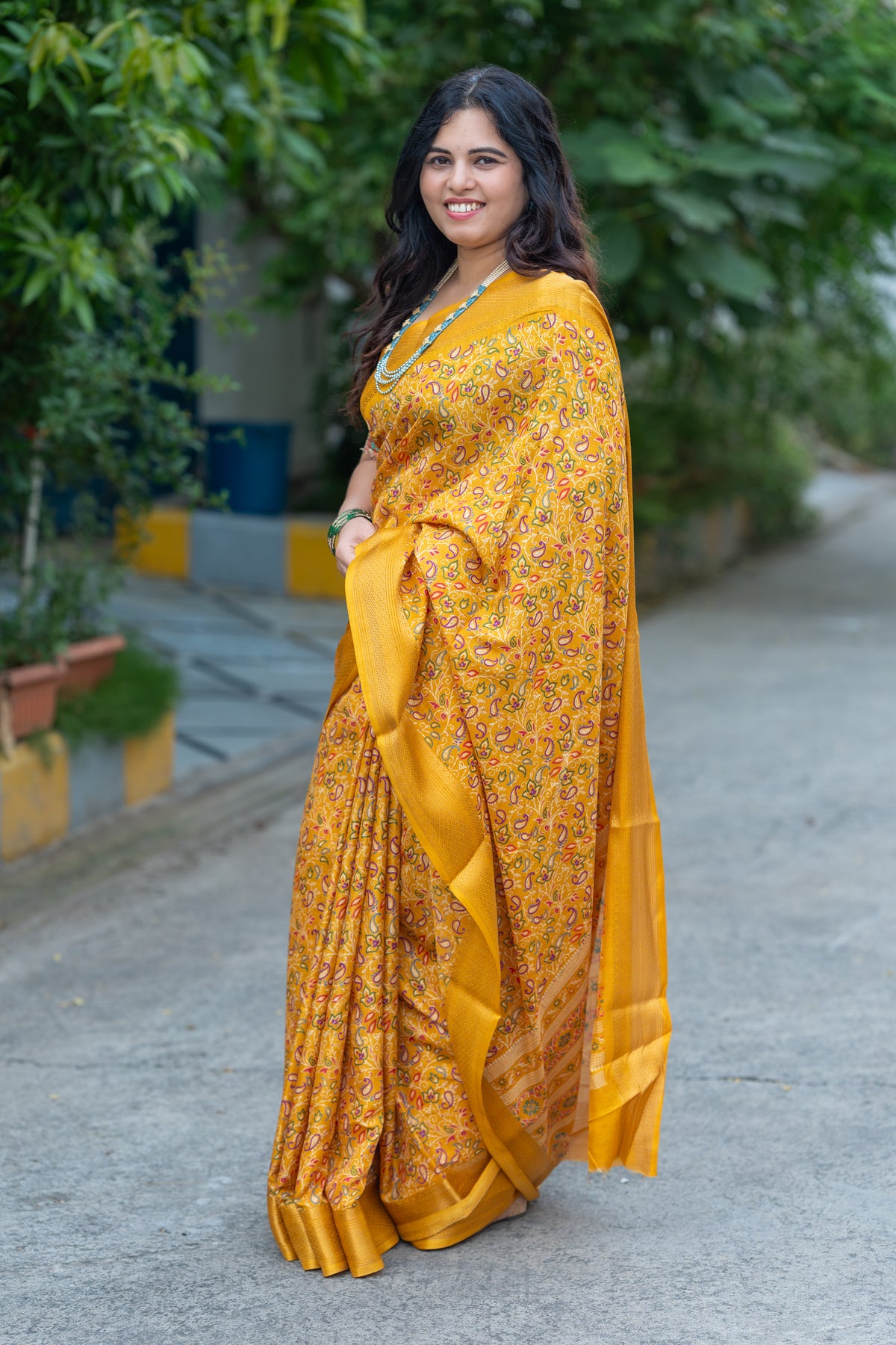 Printed Kesar Silk Saree – Elegant Mustard Yellow