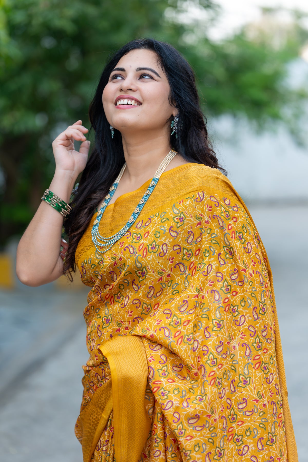 Printed Kesar Silk Saree – Elegant Mustard Yellow