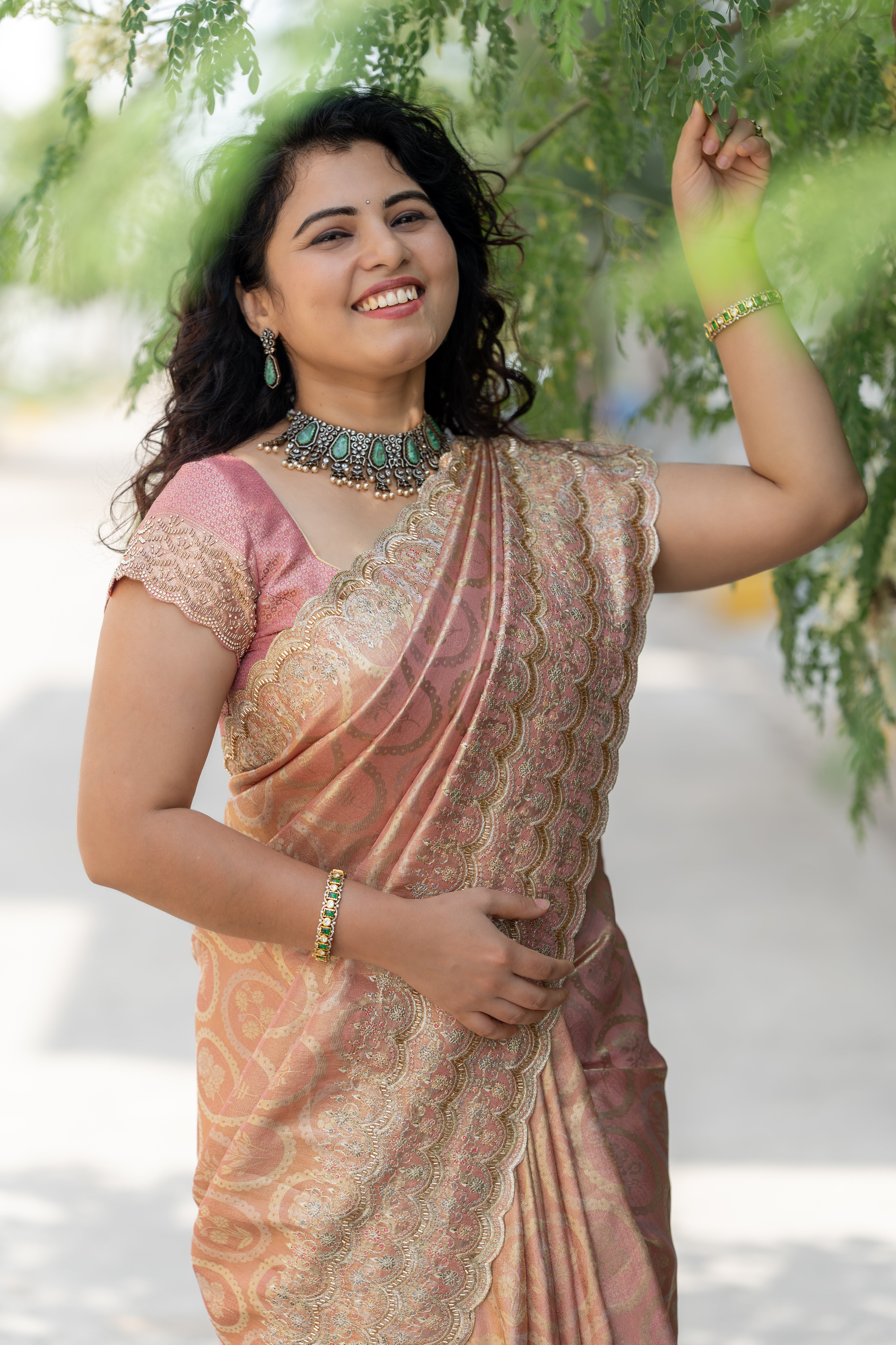 Premium Giraffe Silk Pink Saree with Hand Tube & Sequence Work Border