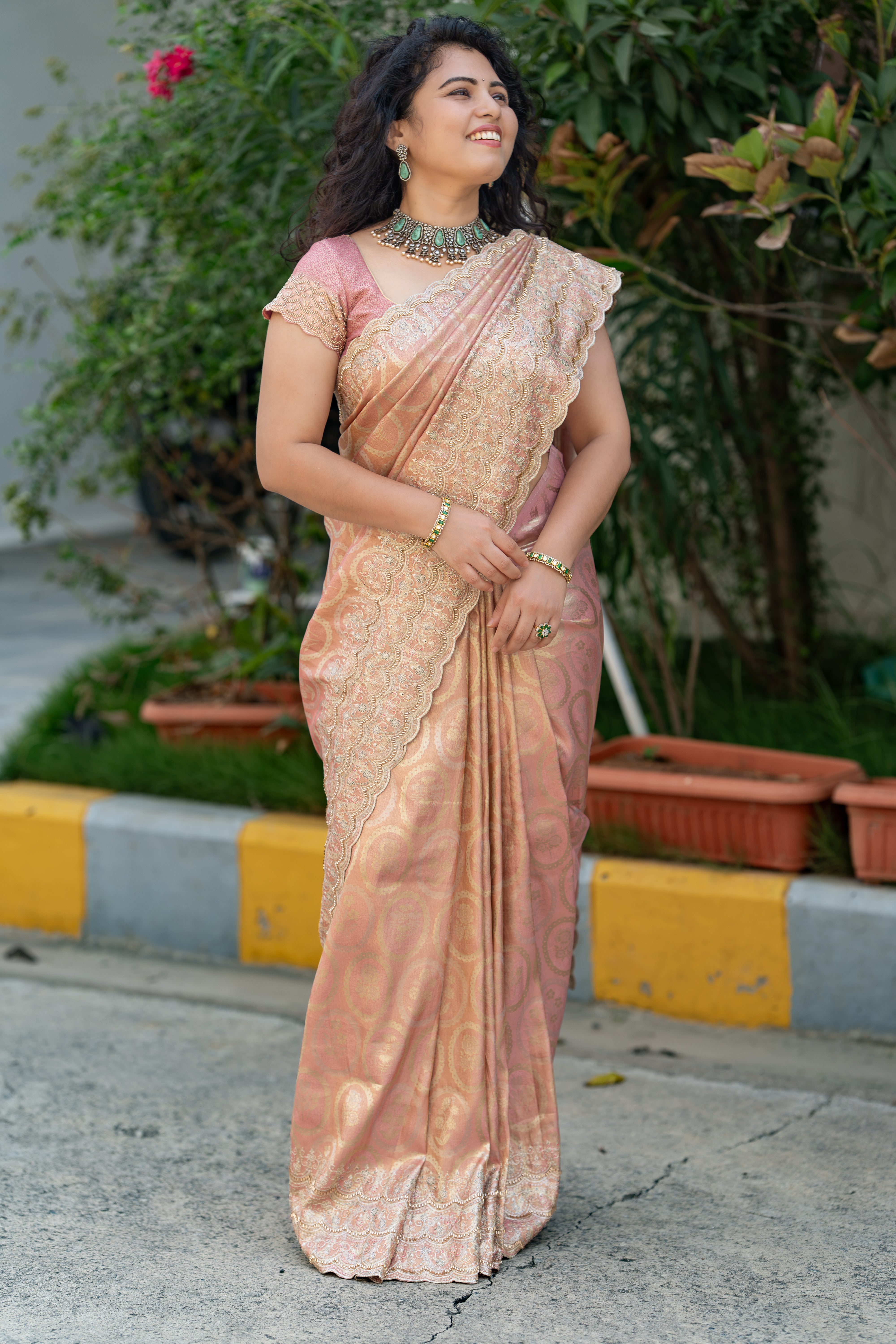 Premium Giraffe Silk Pink Saree with Hand Tube & Sequence Work Border