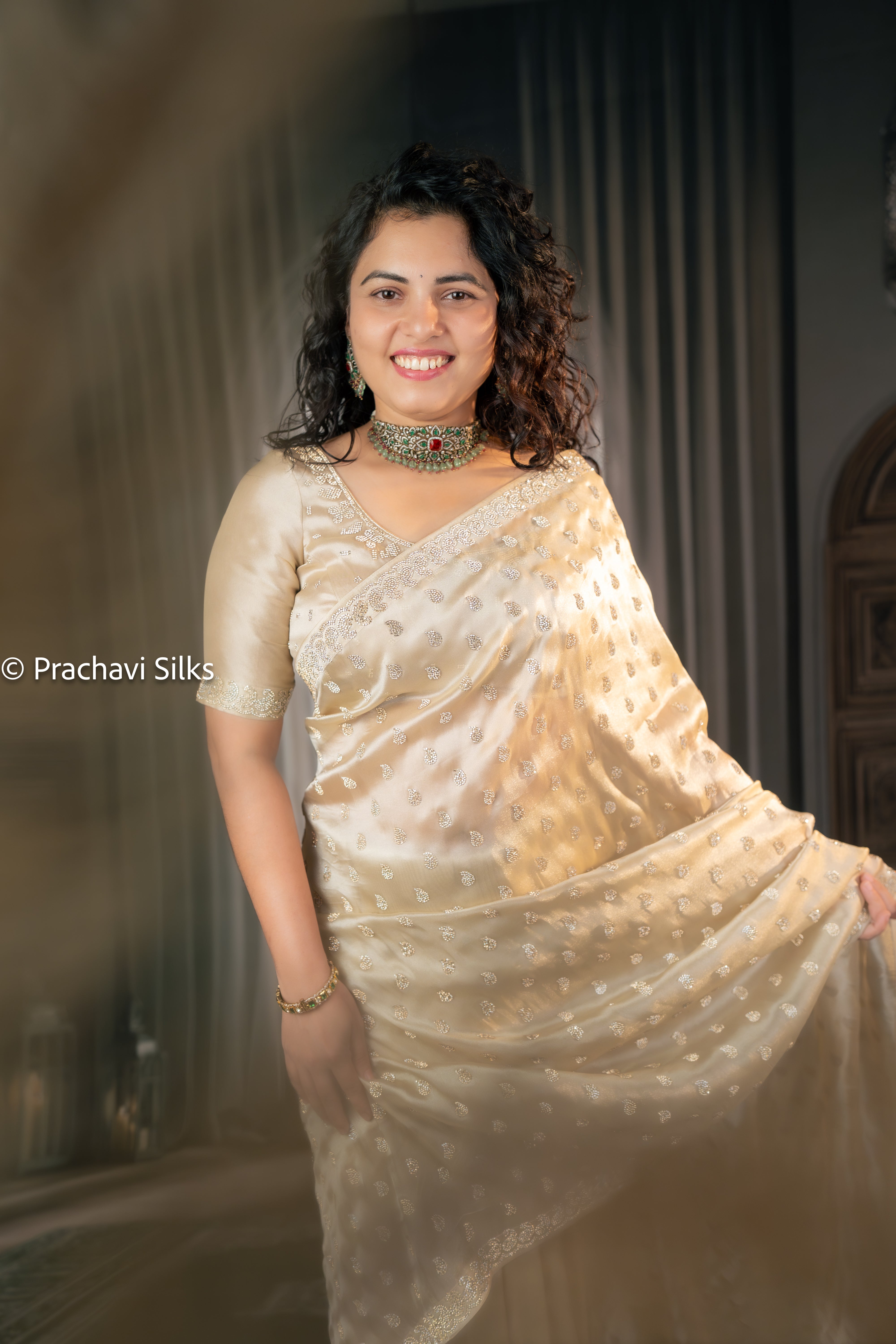 Shimmer Organza Saree in Champagne Gold with Glass Diamond Butta & Designer Border