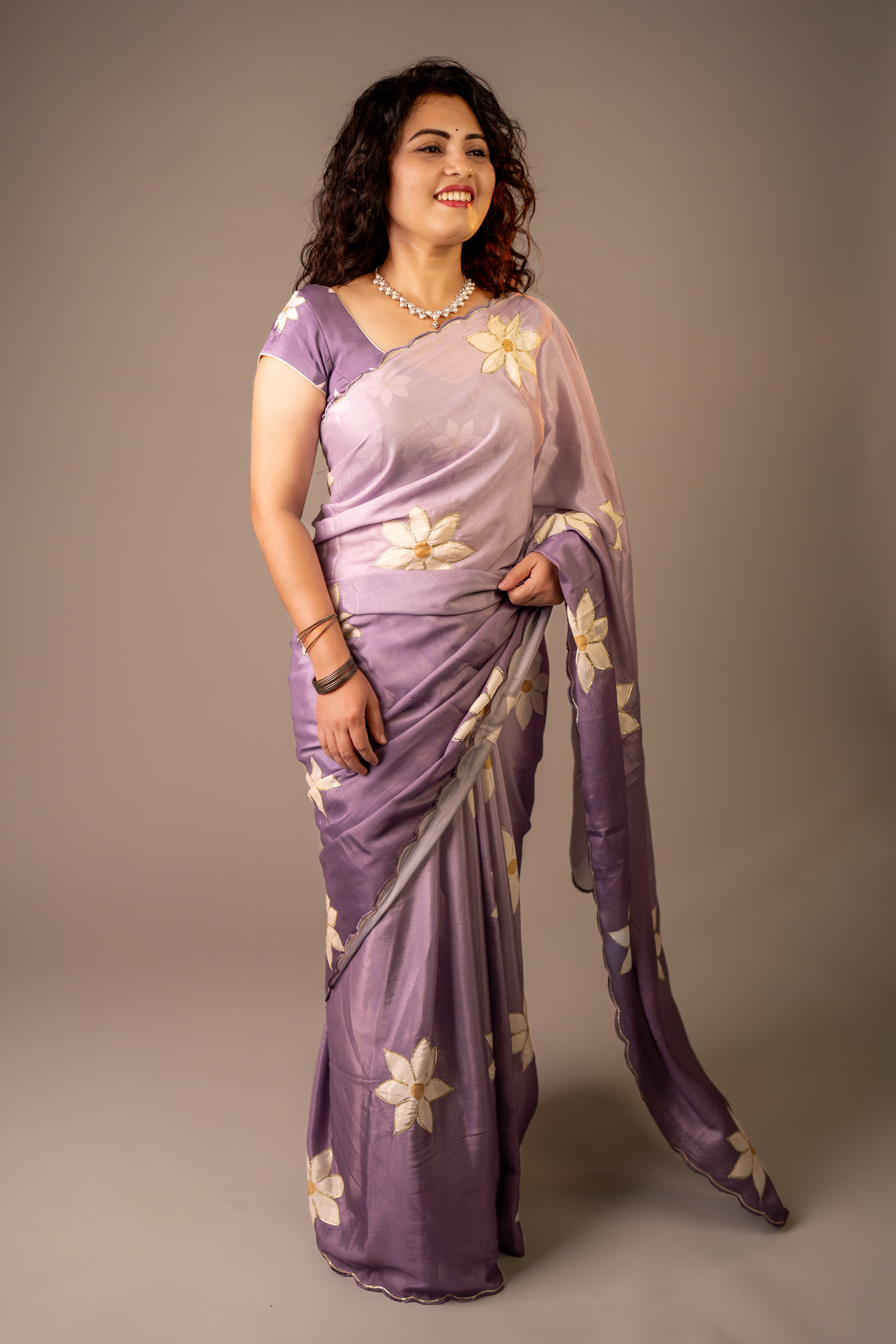Lavender Floral Soft Chiffon Saree