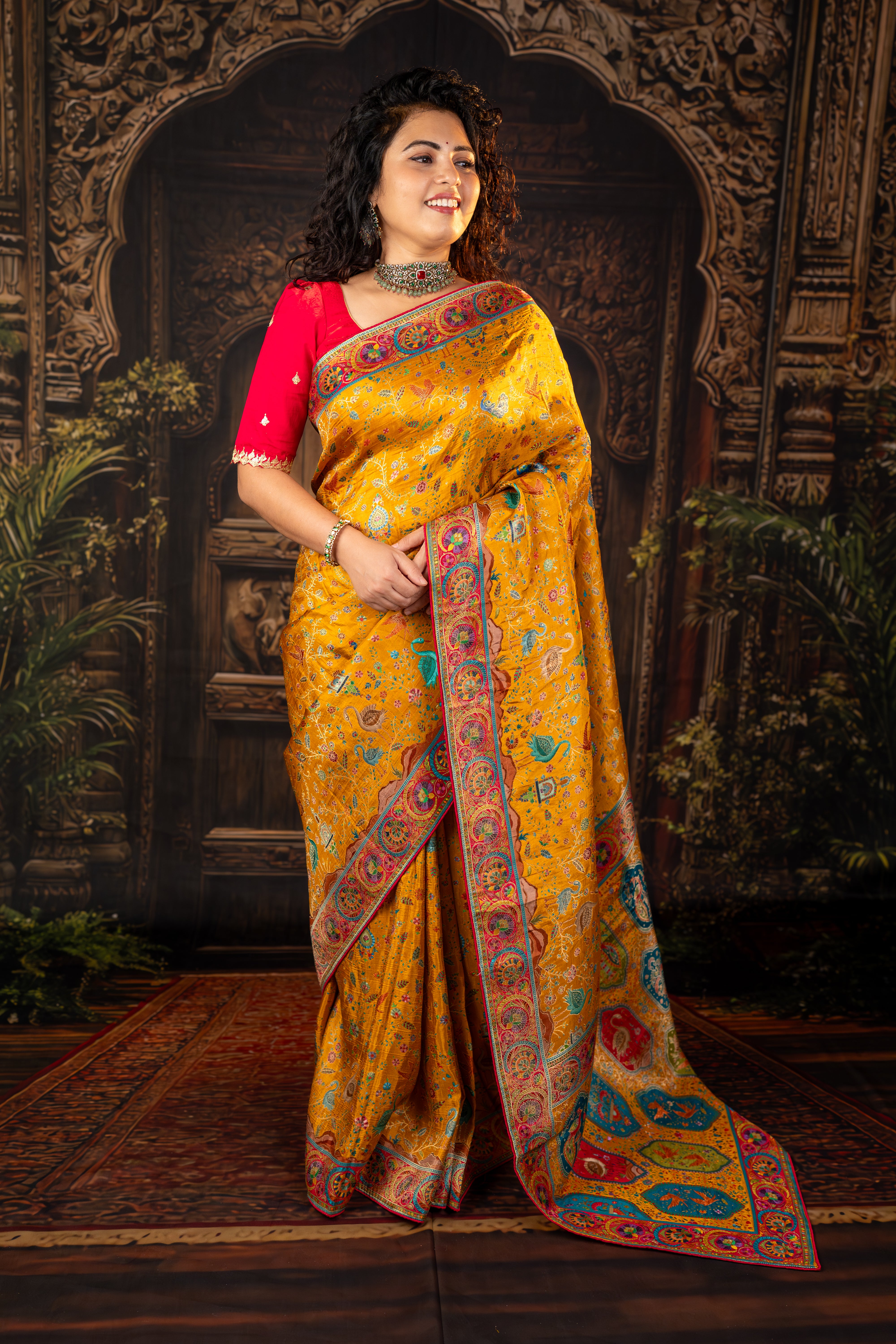 Yellow Russian Silk Viscose Saree with Position Prints
