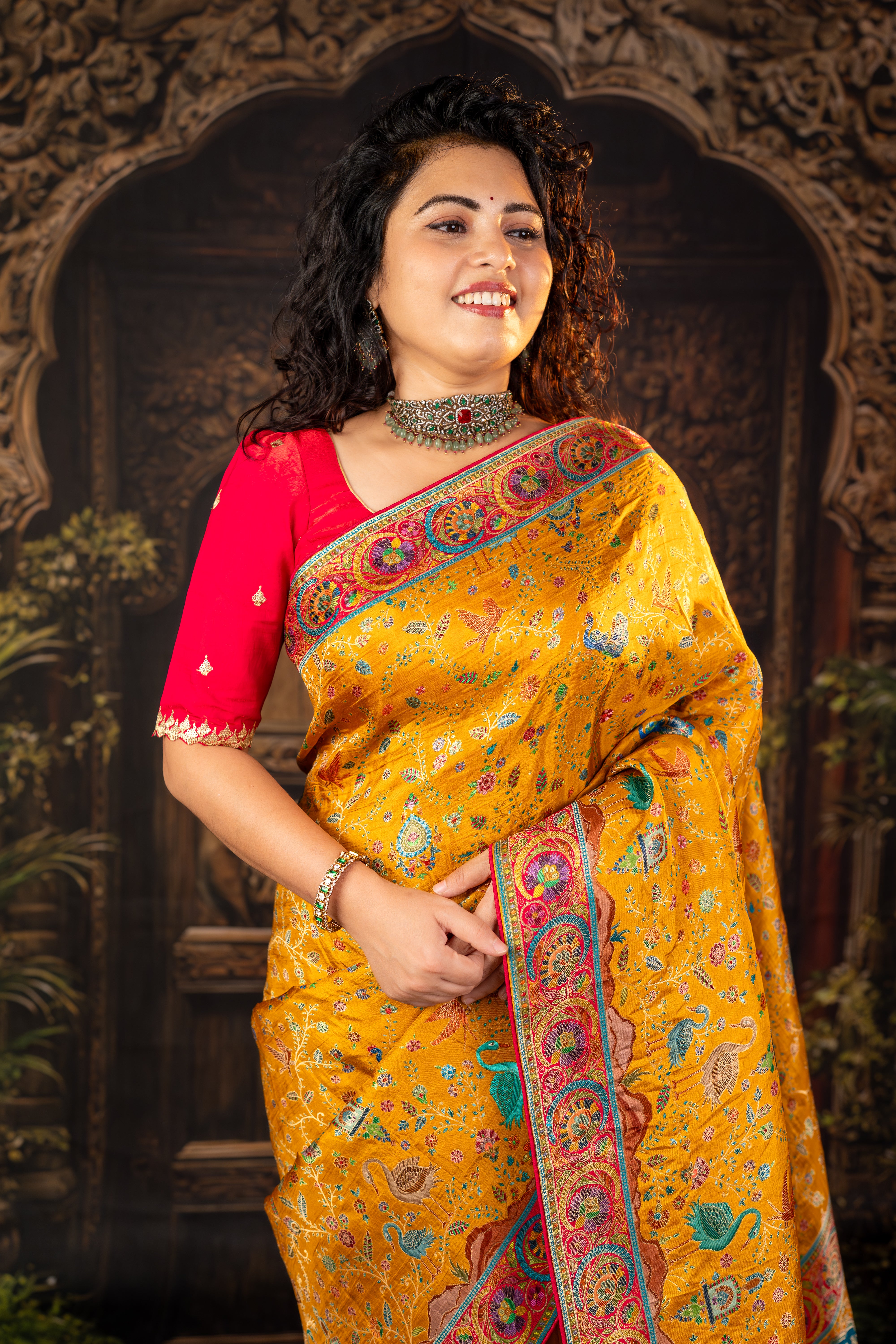 Yellow Russian Silk Viscose Saree with Position Prints