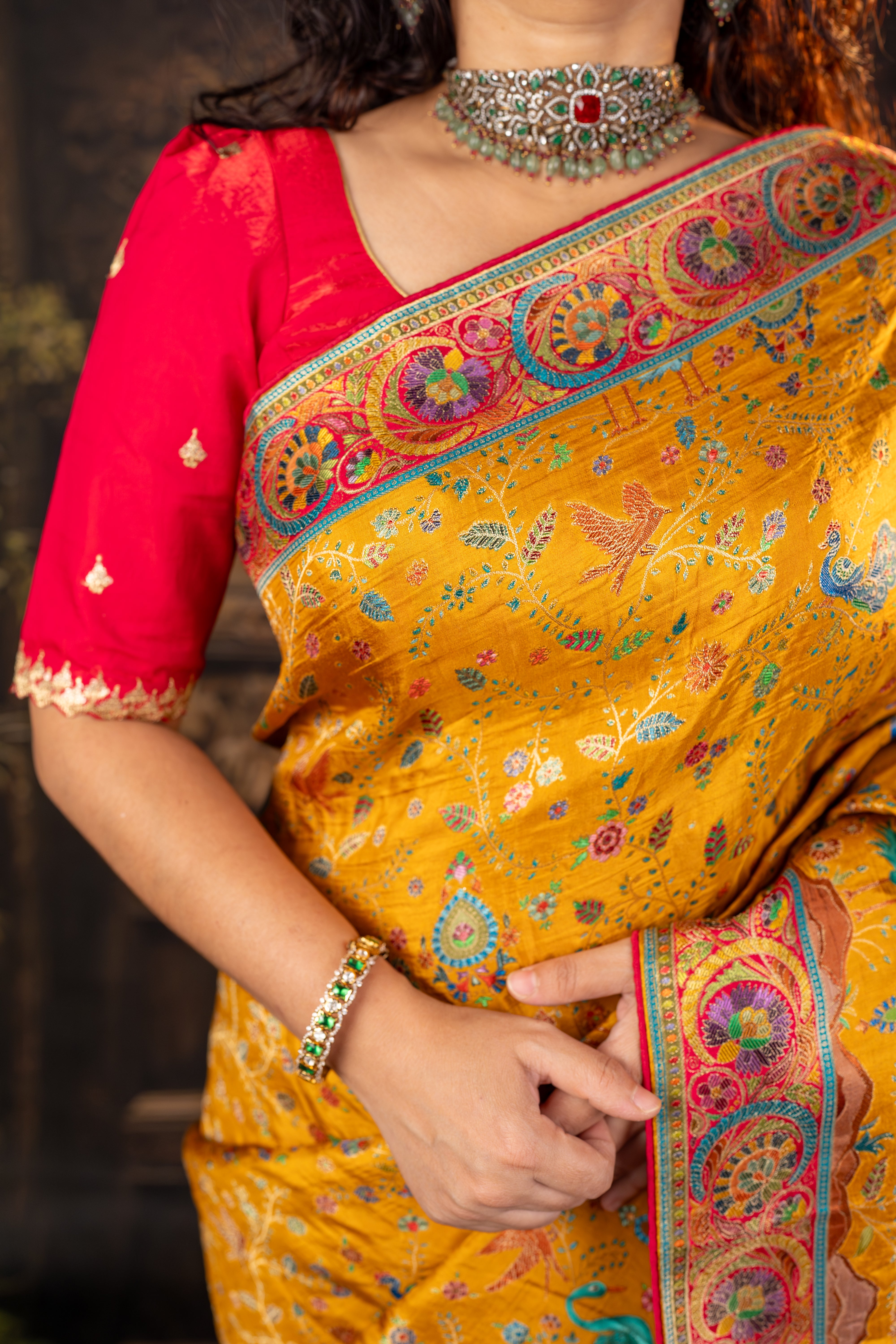 Yellow Russian Silk Viscose Saree with Position Prints