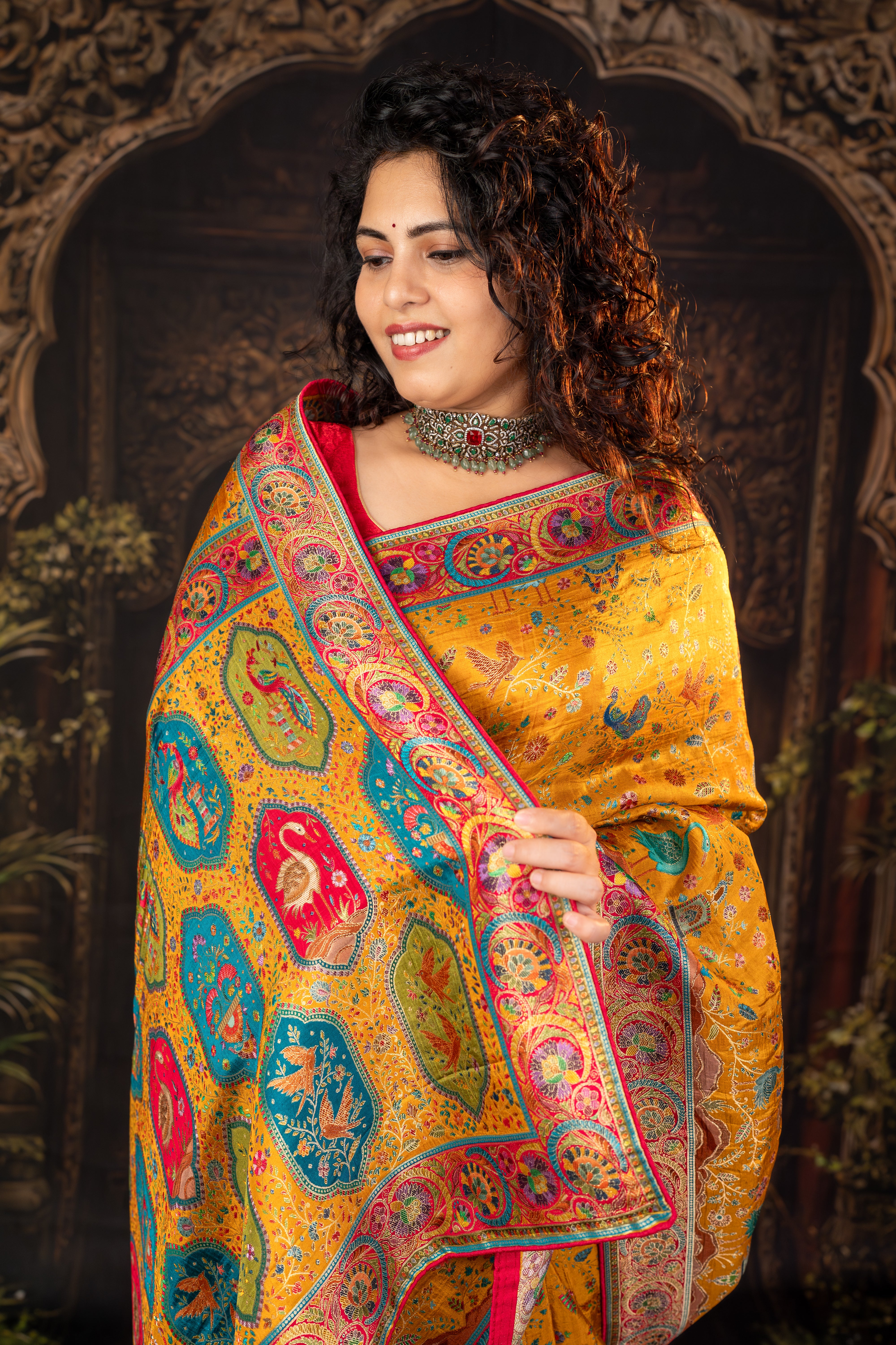 Yellow Russian Silk Viscose Saree with Position Prints