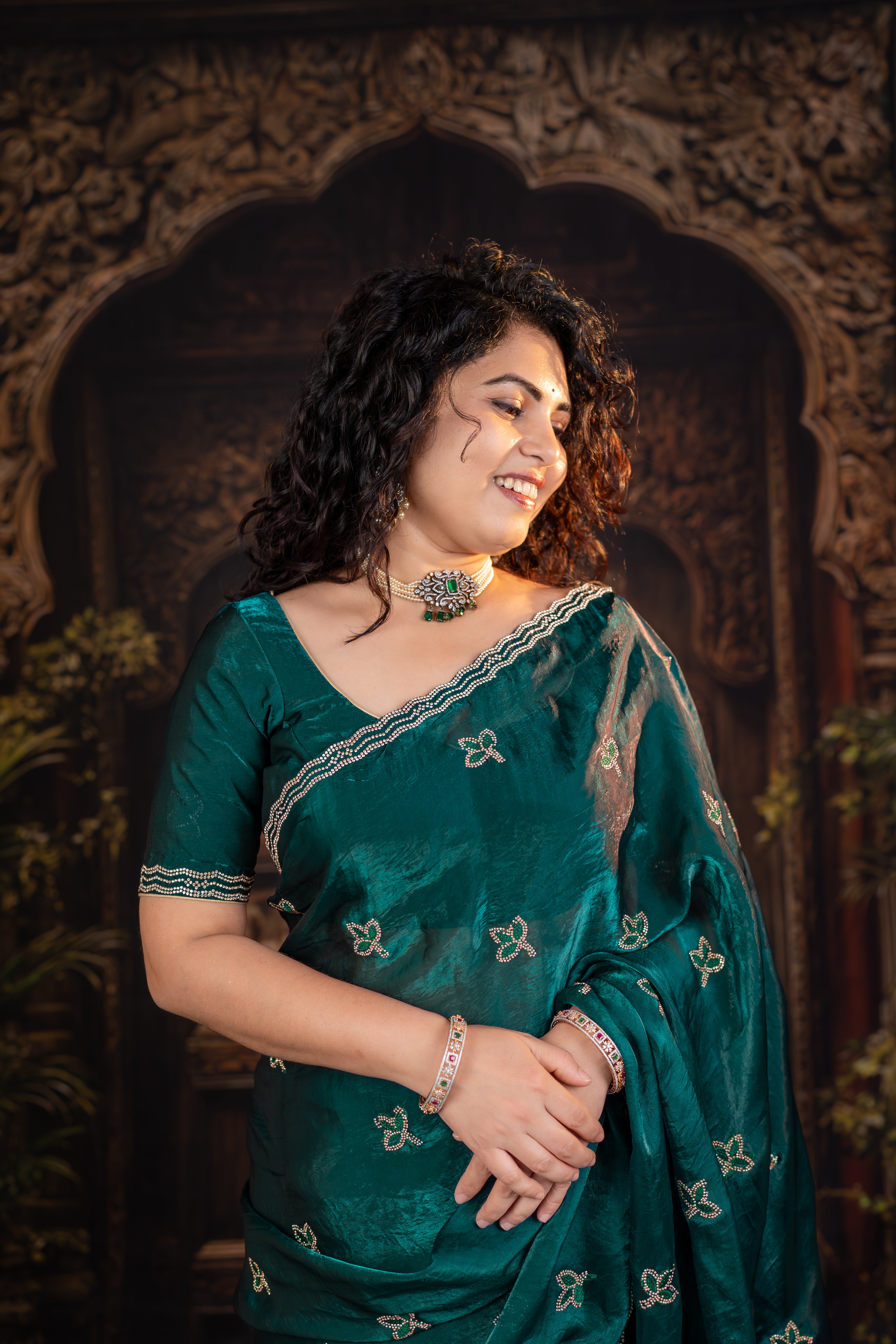 Satin Organza Saree with Resham & Glass Diamond Work