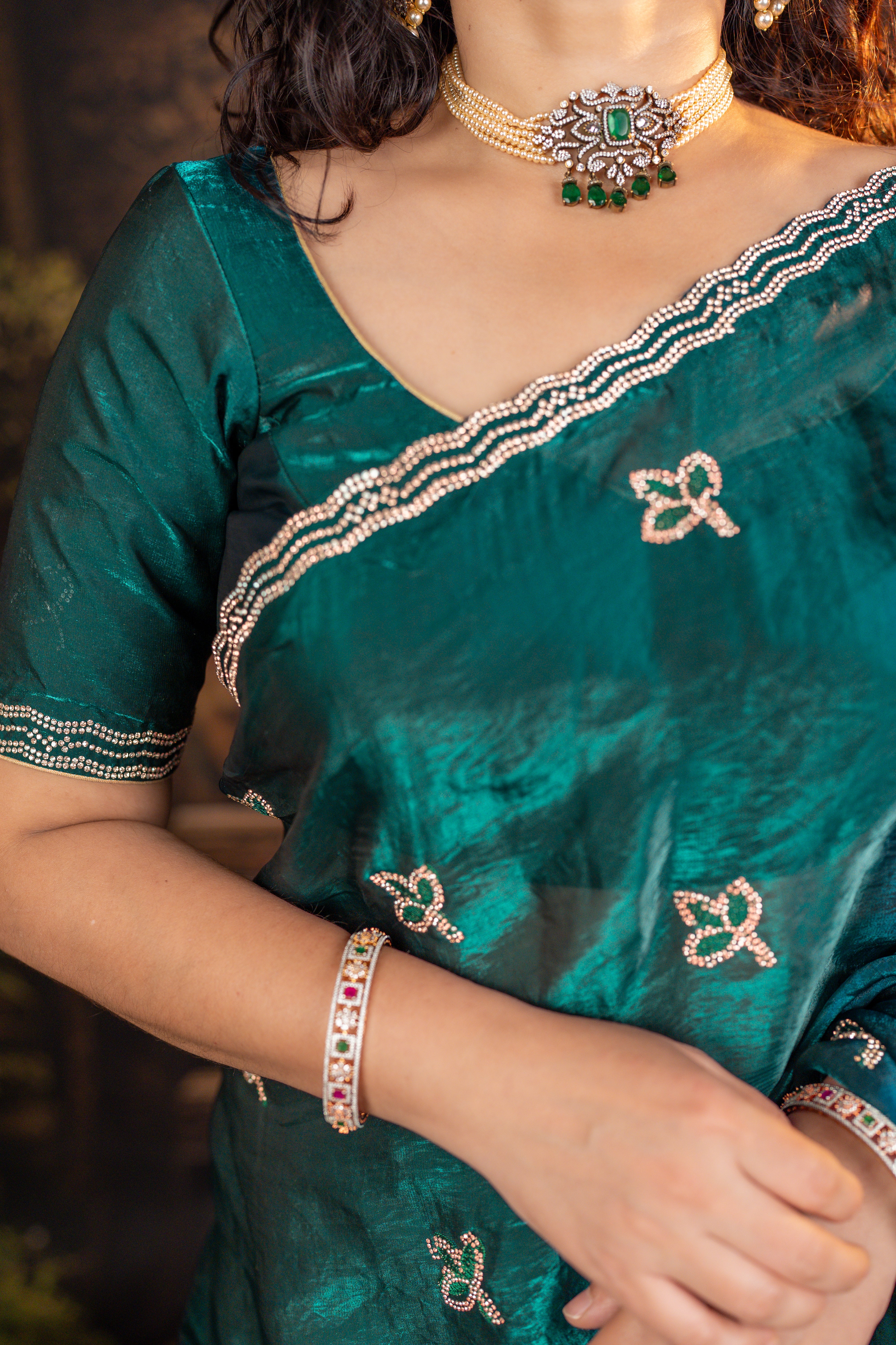 Satin Organza Saree with Resham & Glass Diamond Work
