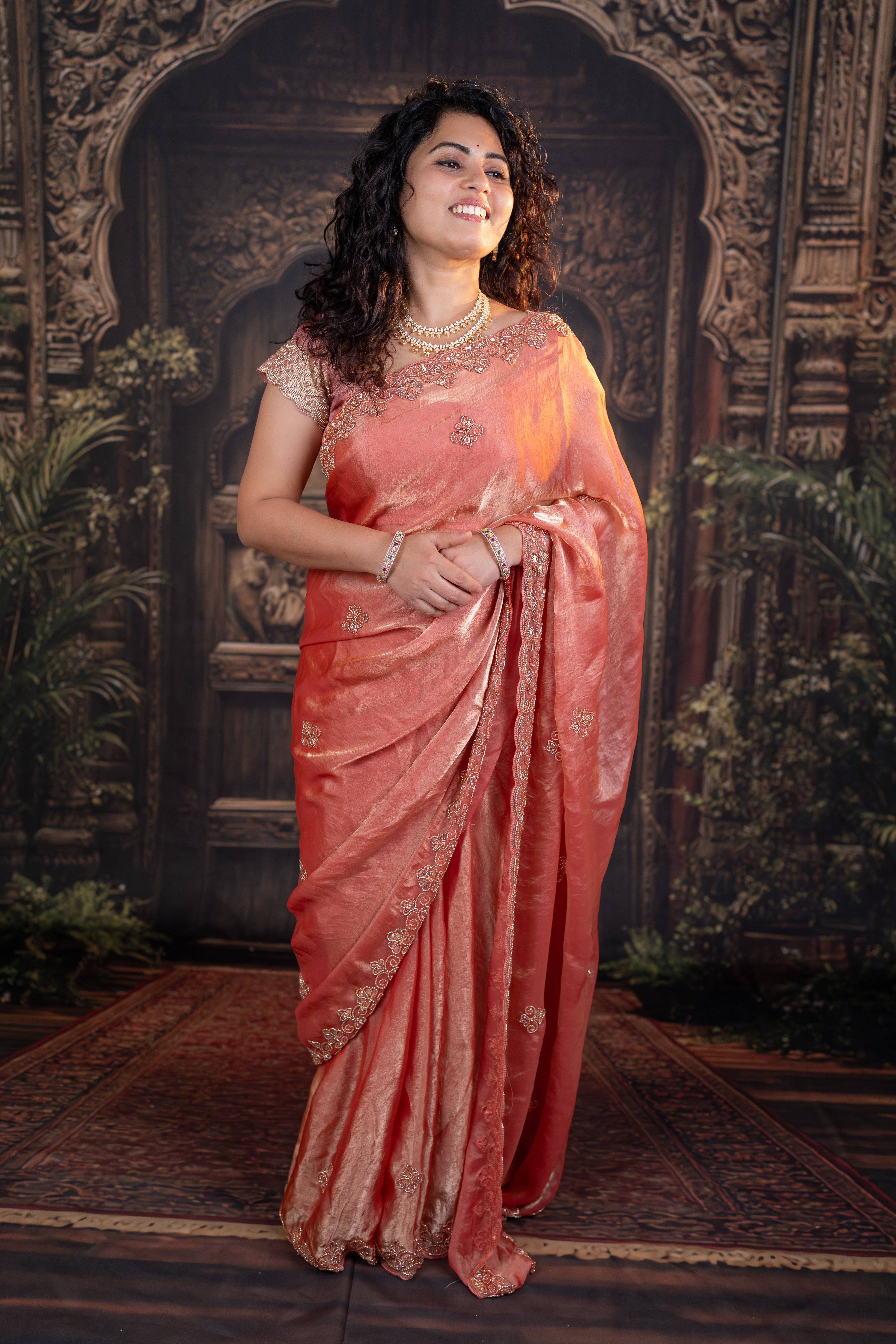 Premium Satin Organza Saree with Hand Beads Work