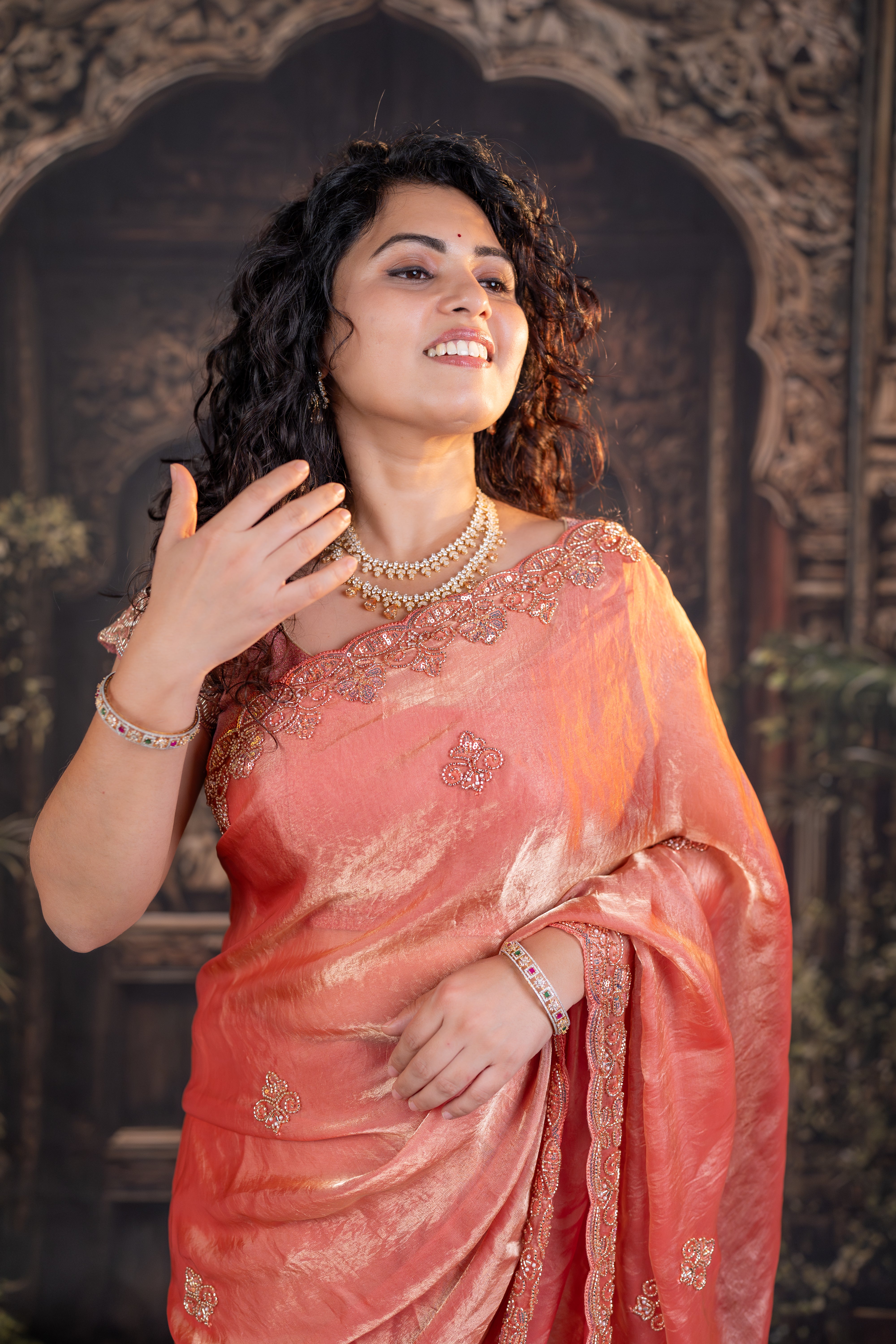 Premium Satin Organza Saree with Hand Beads Work