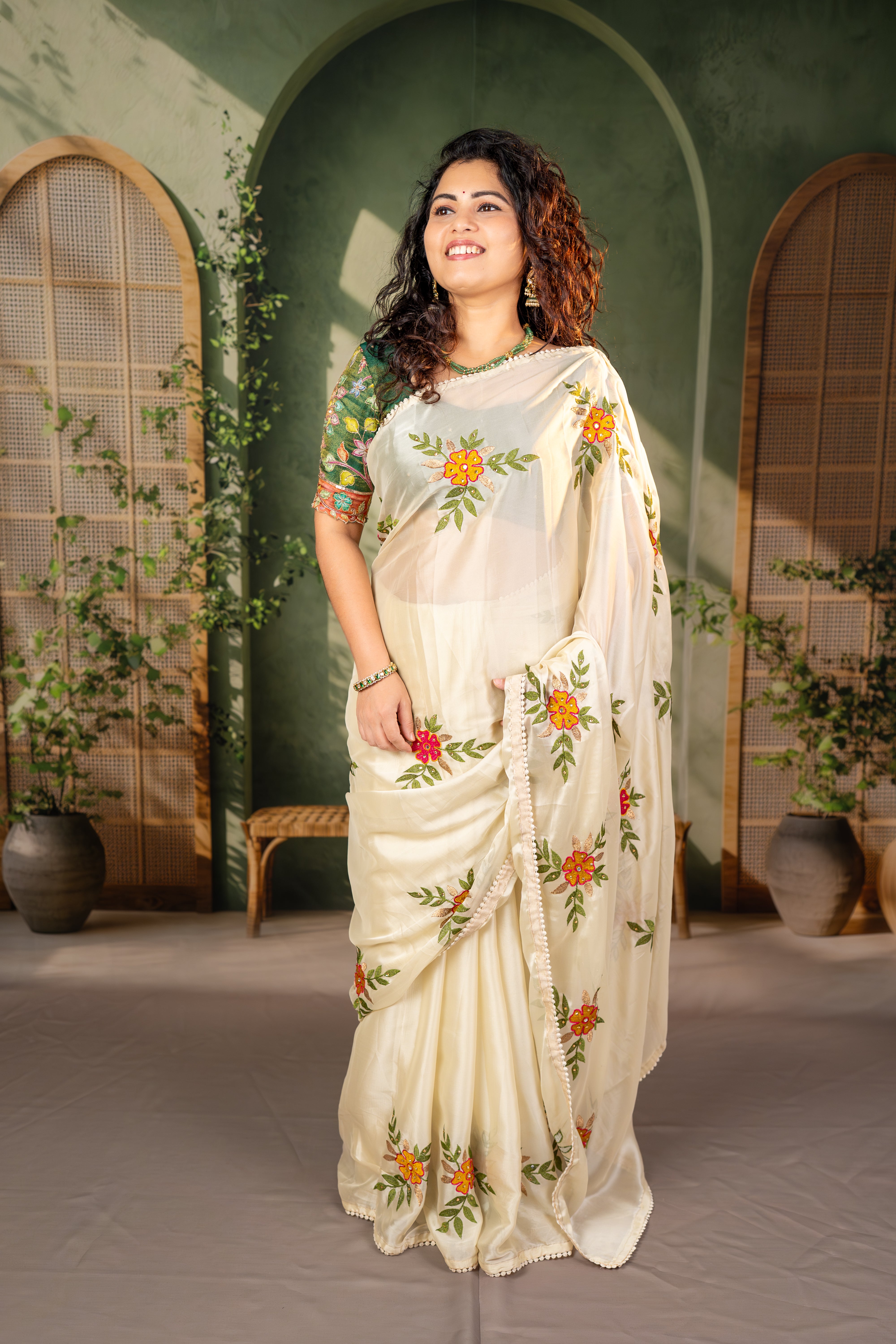 Soft Silk Saree with Floral Embroidery Work