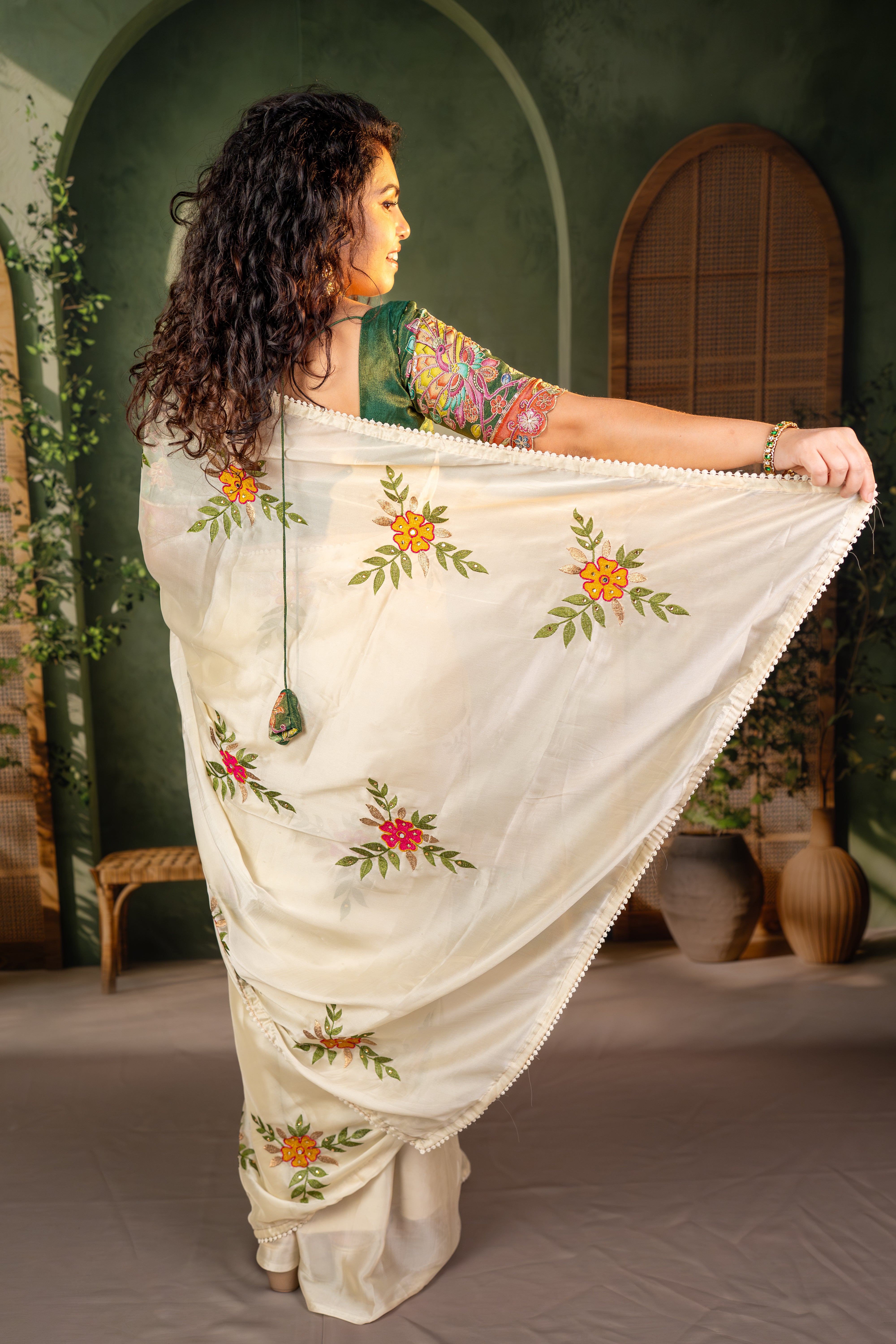 Soft Silk Saree with Floral Embroidery Work