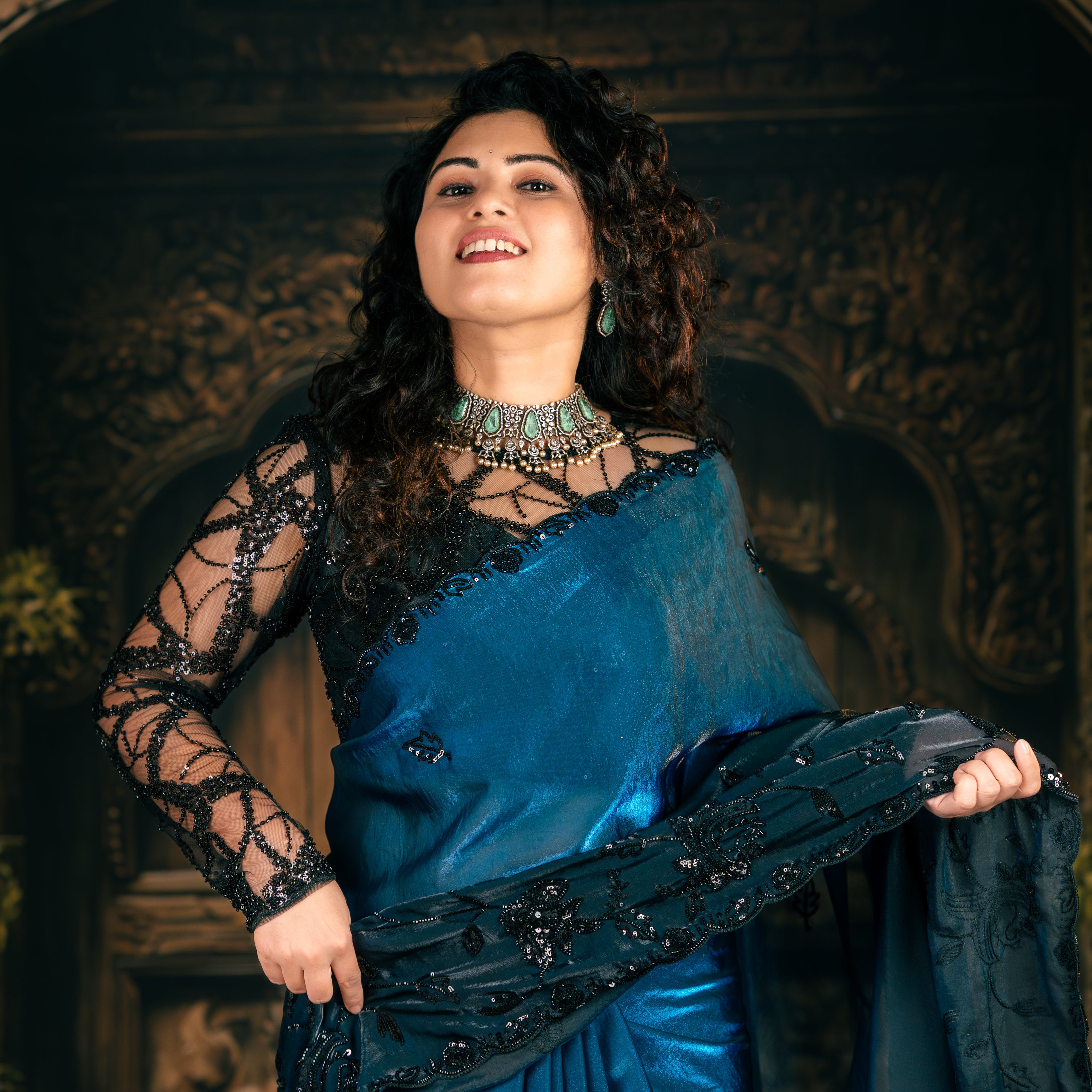 Midnight Blue Satin Organza Designer Saree