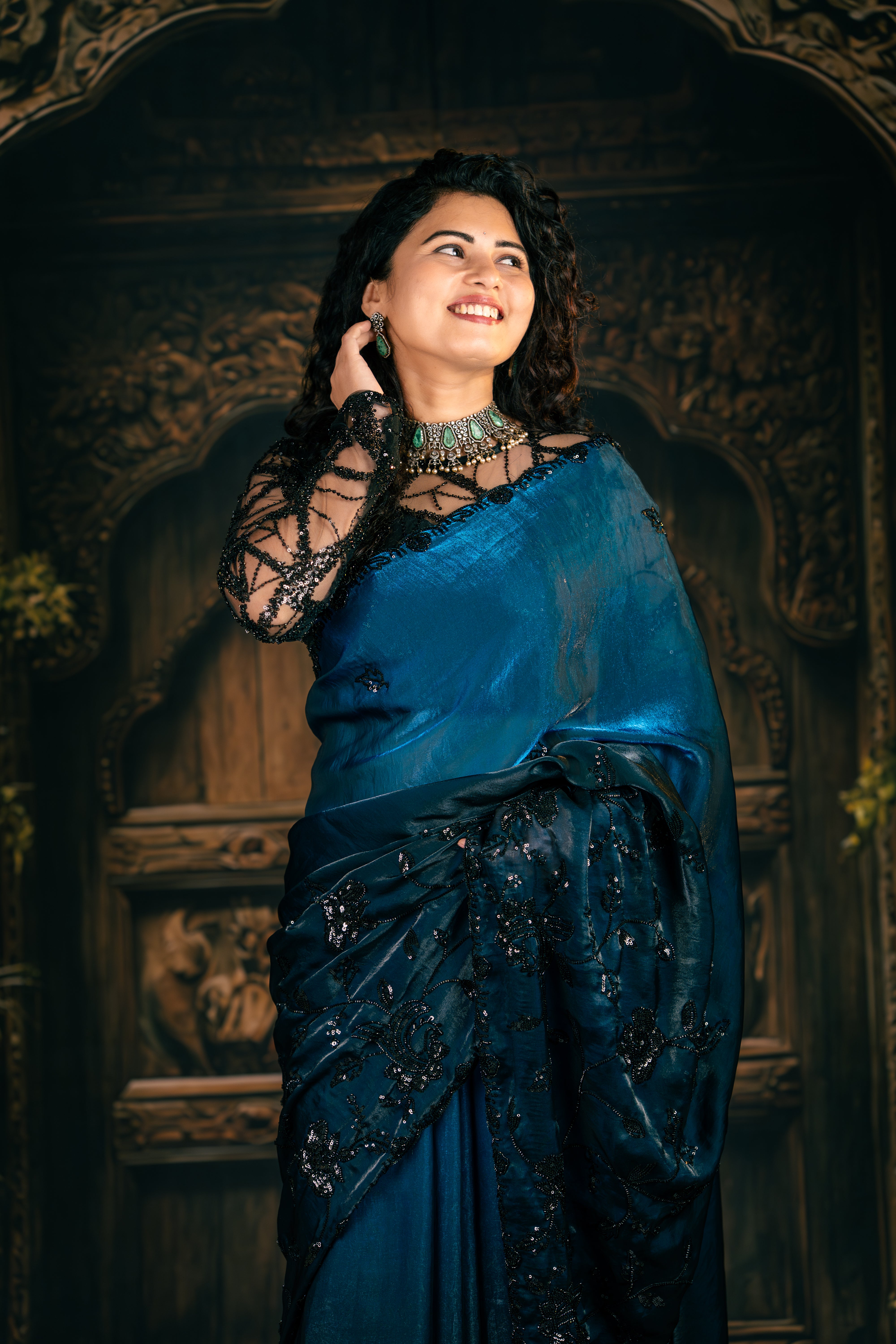 Midnight Blue Satin Organza Designer Saree