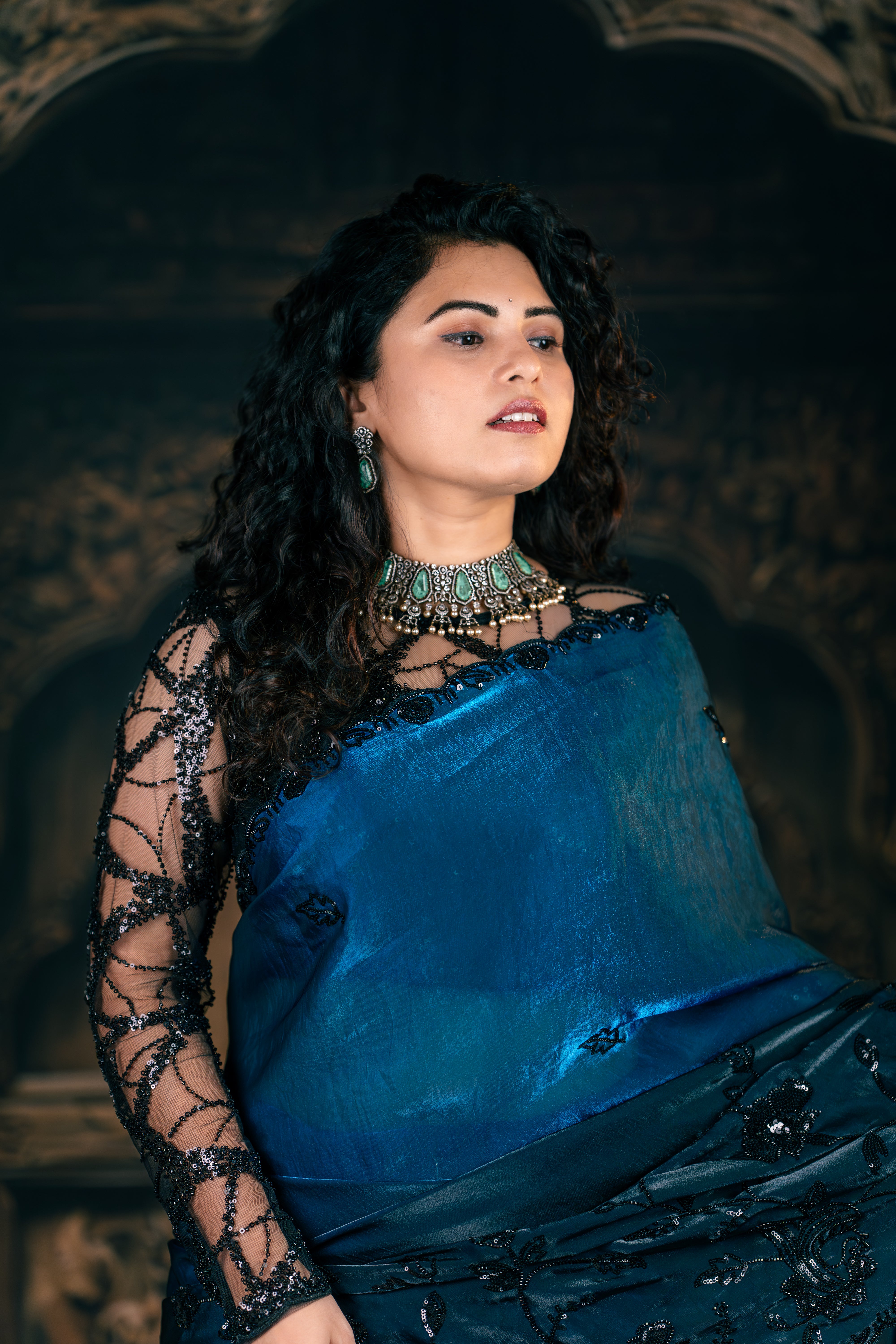 Midnight Blue Satin Organza Designer Saree