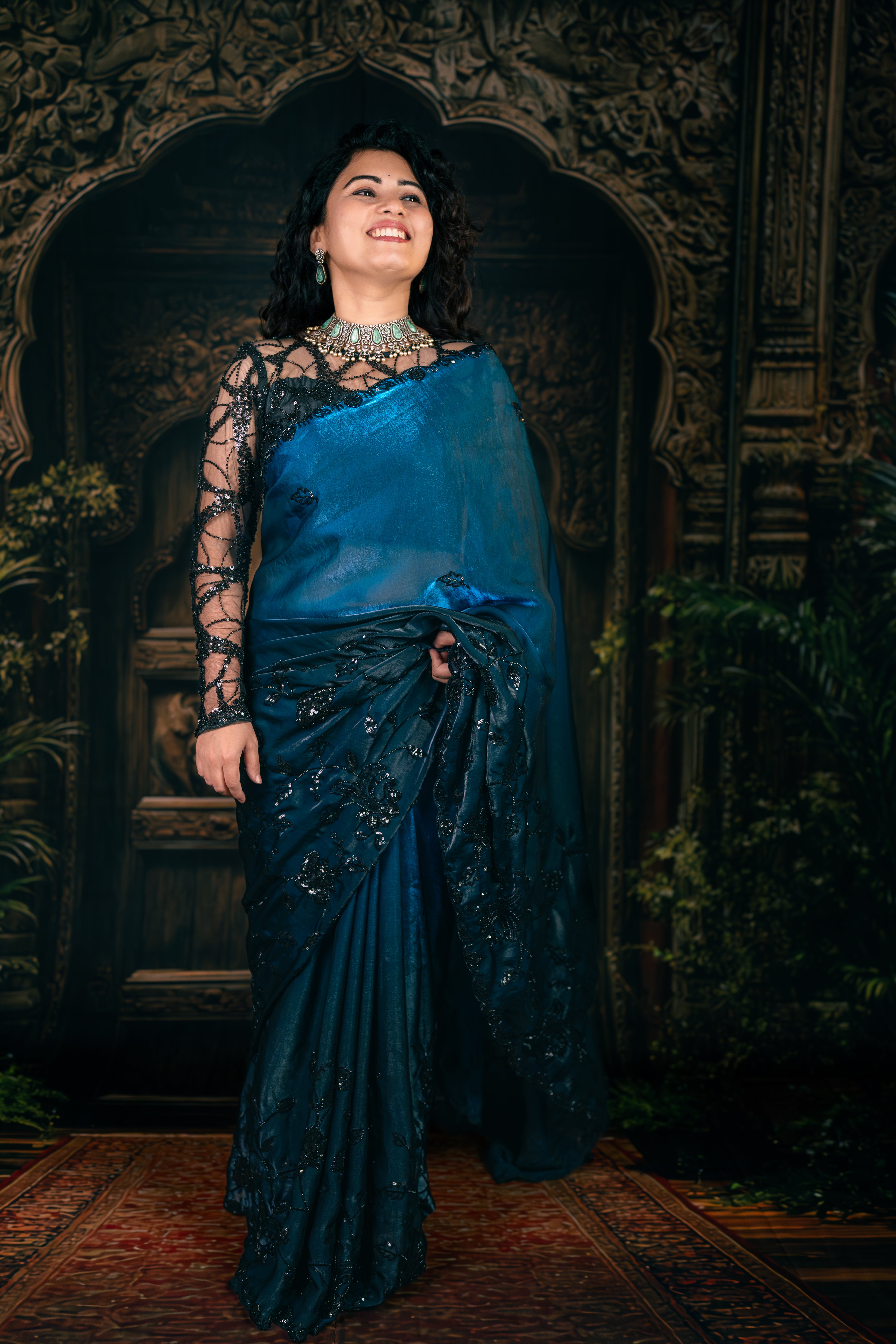 Midnight Blue Satin Organza Designer Saree